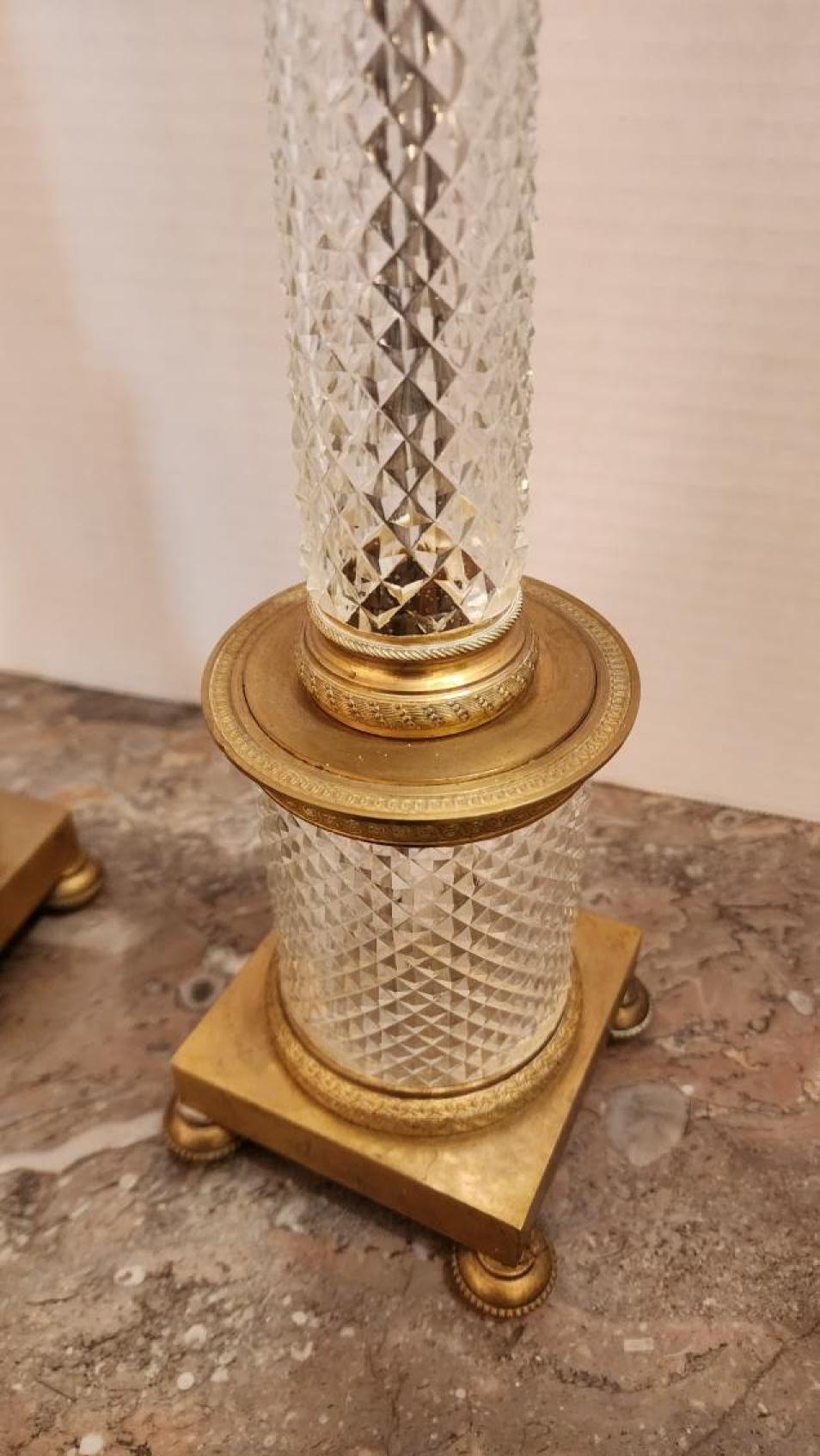 Pair of Empire Style Bronze and Crystal Candelabra For Sale 3