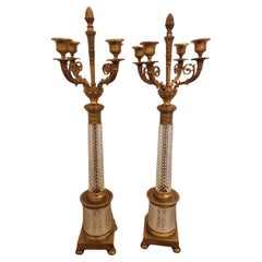 Pair of Empire Style Bronze and Crystal Candelabra