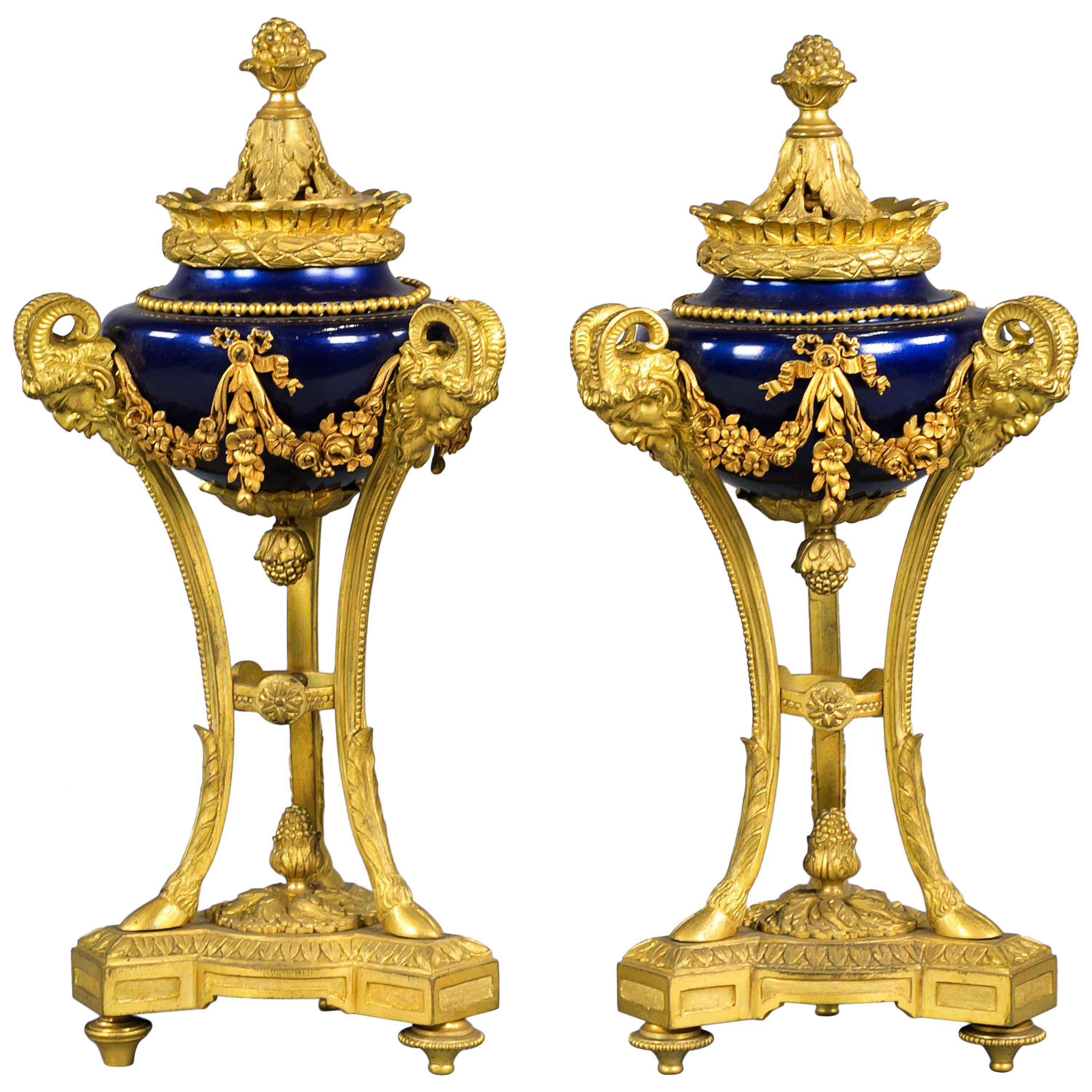 Pair of Empire Style Bronze and Iridescent Glazed Cassolettes, circa 1875 For Sale
