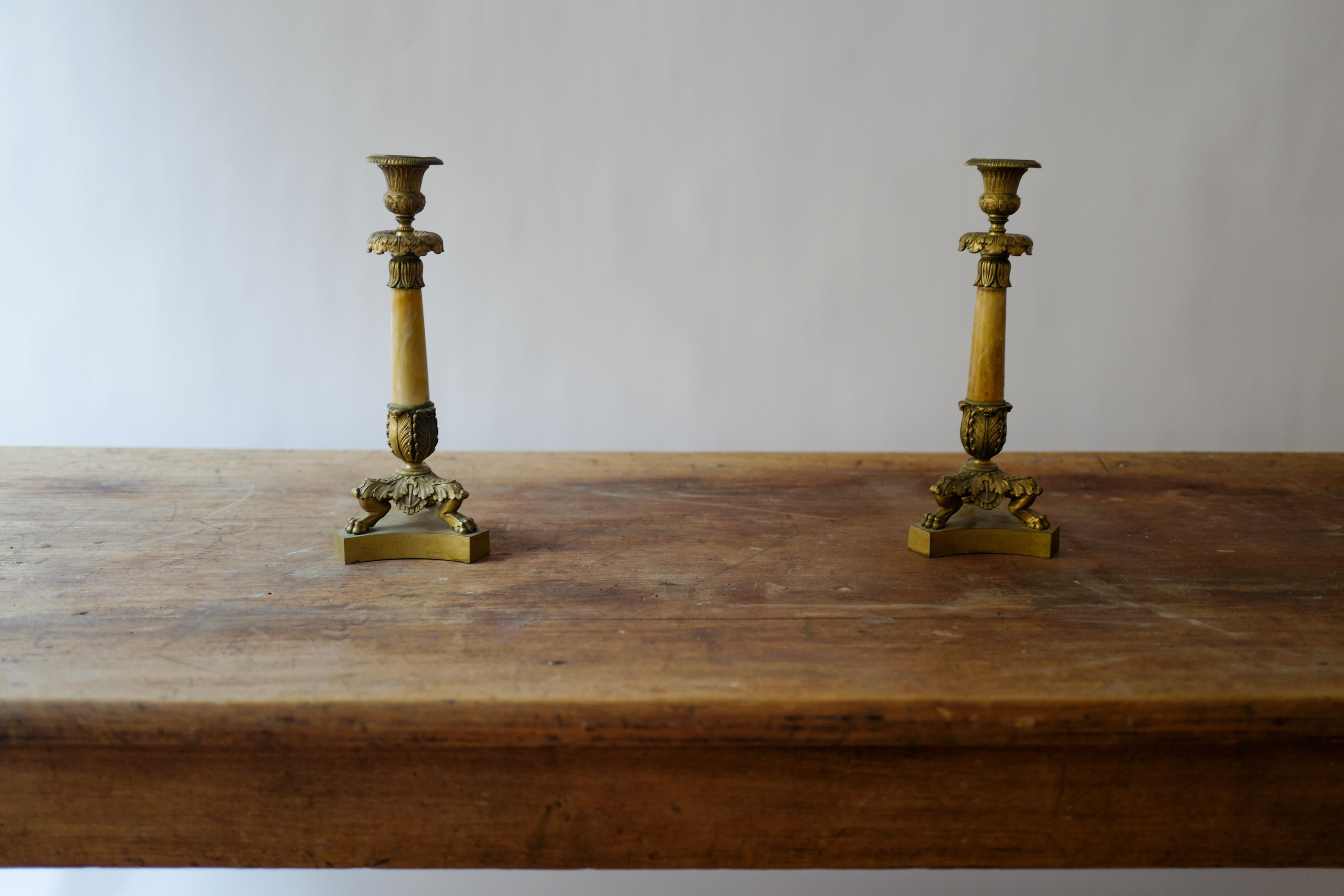 Pair of Empire style bronze and siena marble candlesticks on tripod base with lion paws circa 1830.