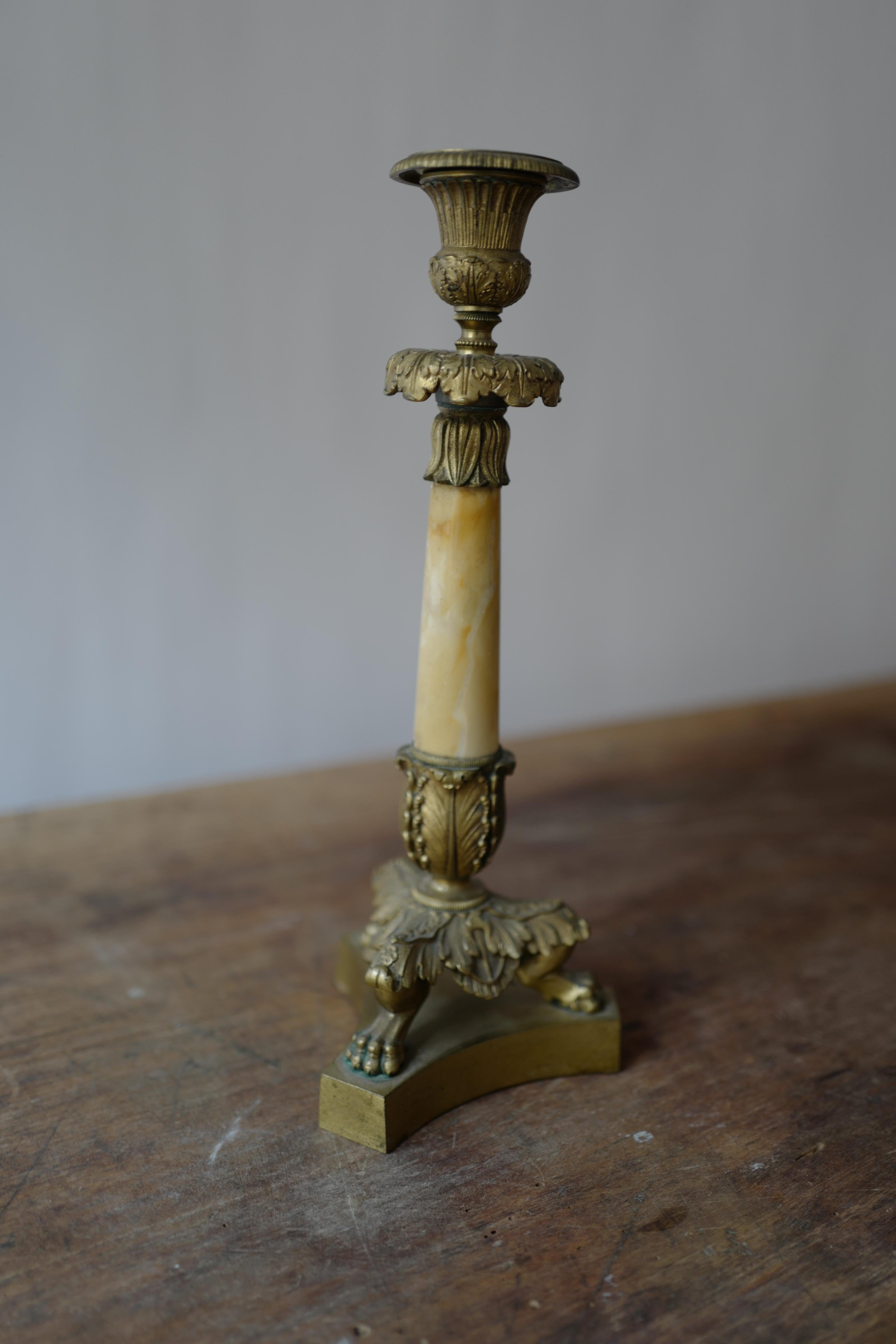 Gilt Pair of Empire Style Bronze and Siena Marble Candlesticks circa 1830 For Sale
