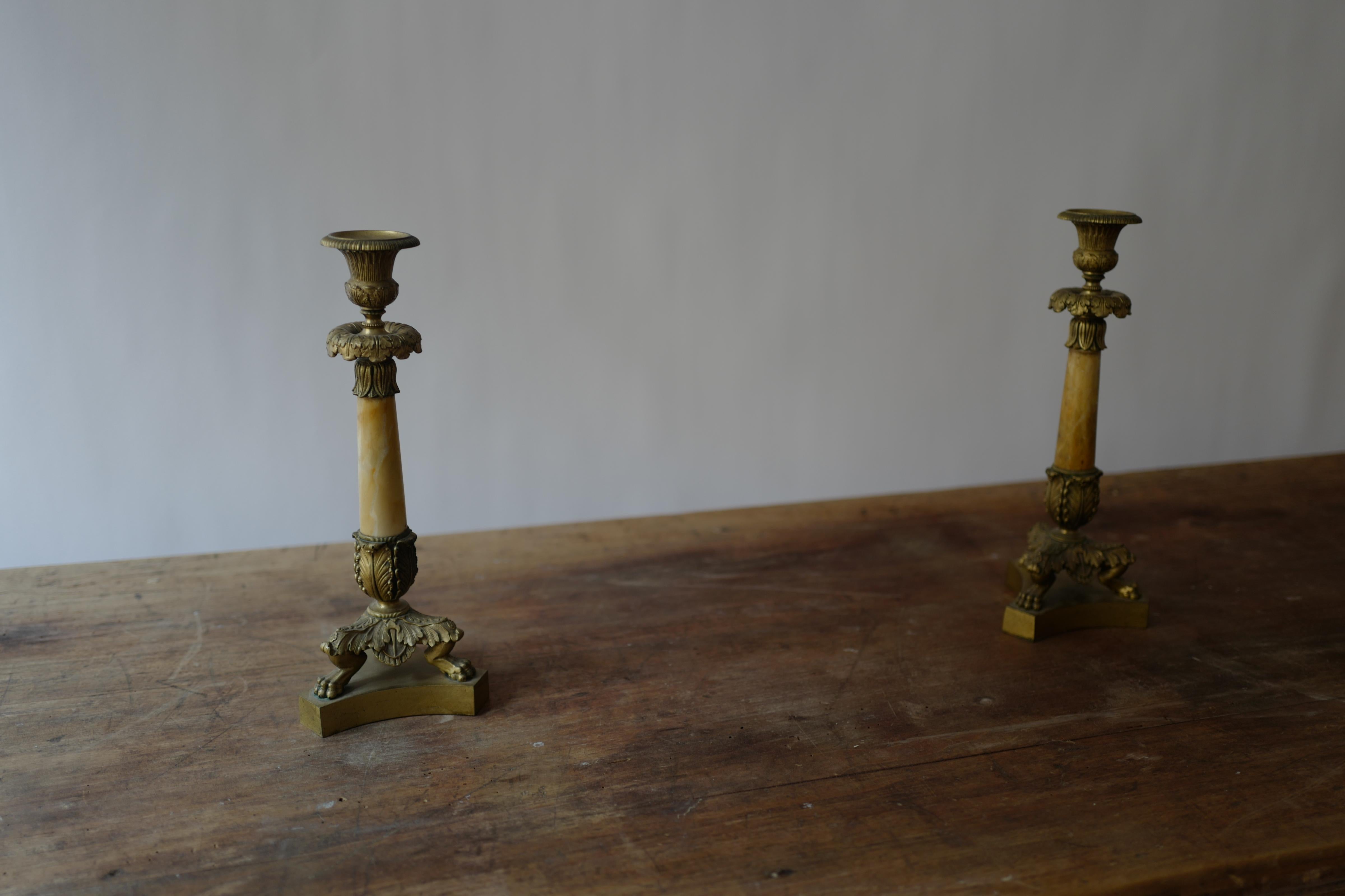 Pair of Empire Style Bronze and Siena Marble Candlesticks circa 1830 In Good Condition For Sale In Milano, IT