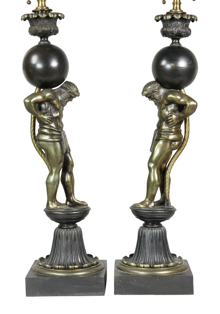Pair of Empire Style Bronze Figural Table Lamps For Sale 1