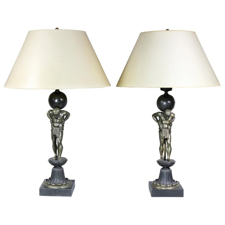 Pair of Empire Style Bronze Figural Table Lamps For Sale