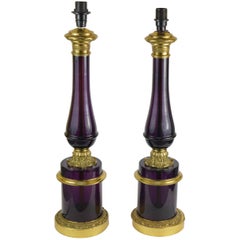 Antique Pair of Empire Style Bronze Mounted Amethyst Glass Lamps