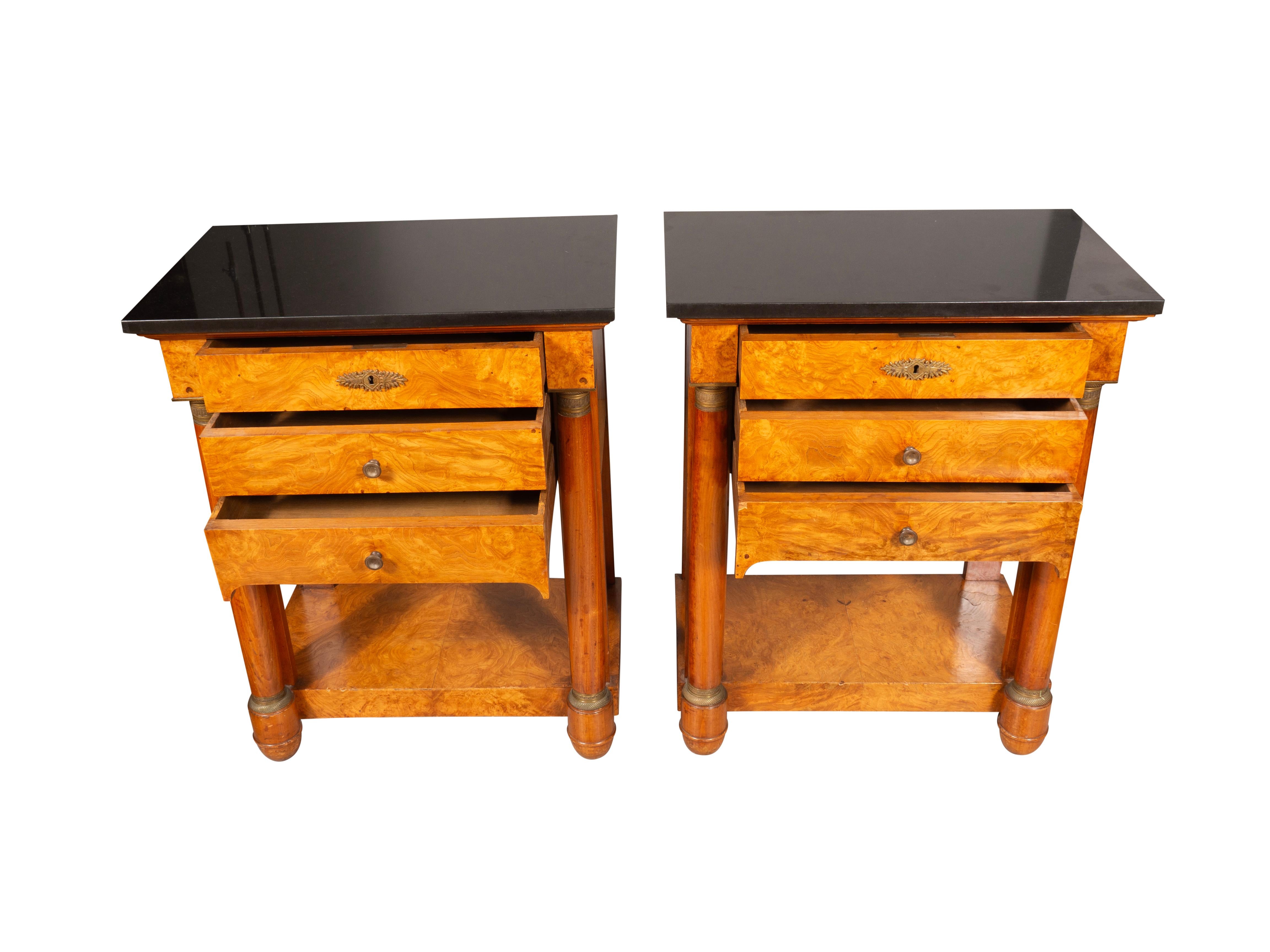 European Pair Of Empire Style Burl Walnut Bedside Tables