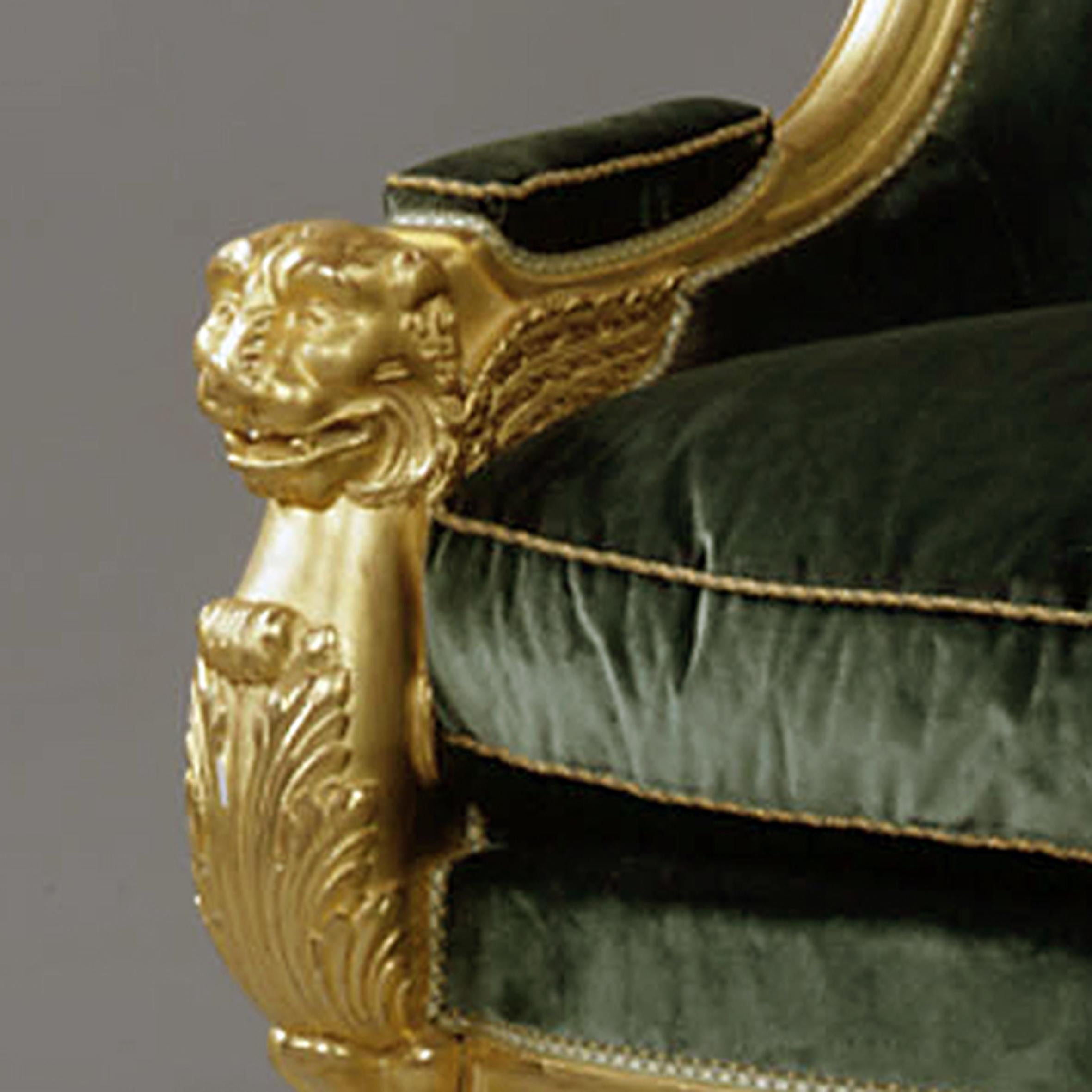 French Pair of Empire Style Carved Giltwood Tub Chairs with Green Velvet Upholstery. For Sale