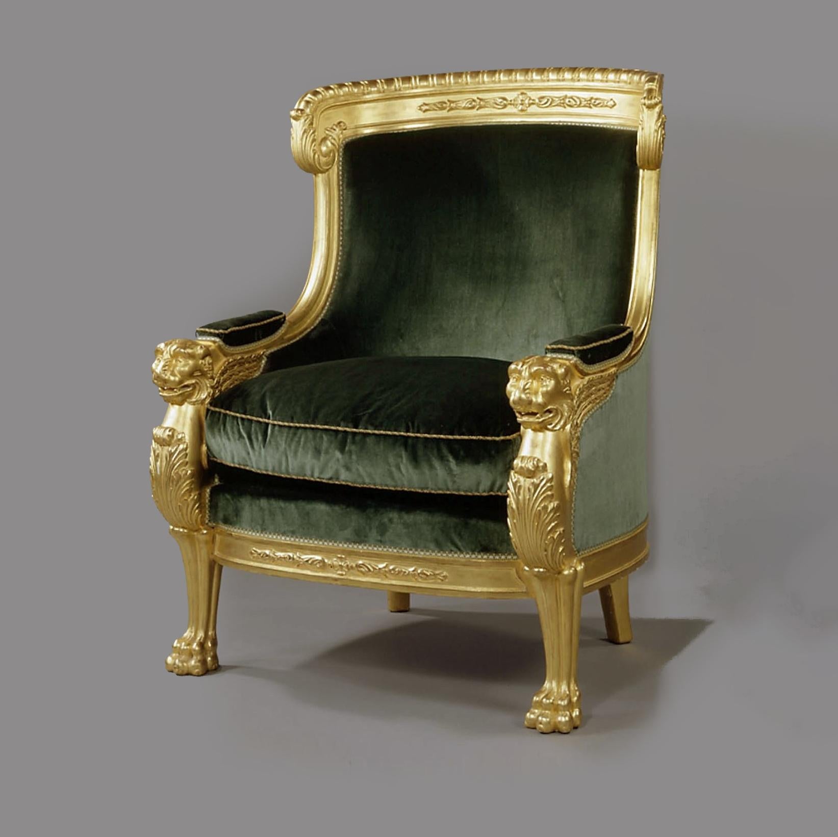 Pair of Empire Style Carved Giltwood Tub Chairs with Green Velvet Upholstery. In Good Condition For Sale In Brighton, West Sussex