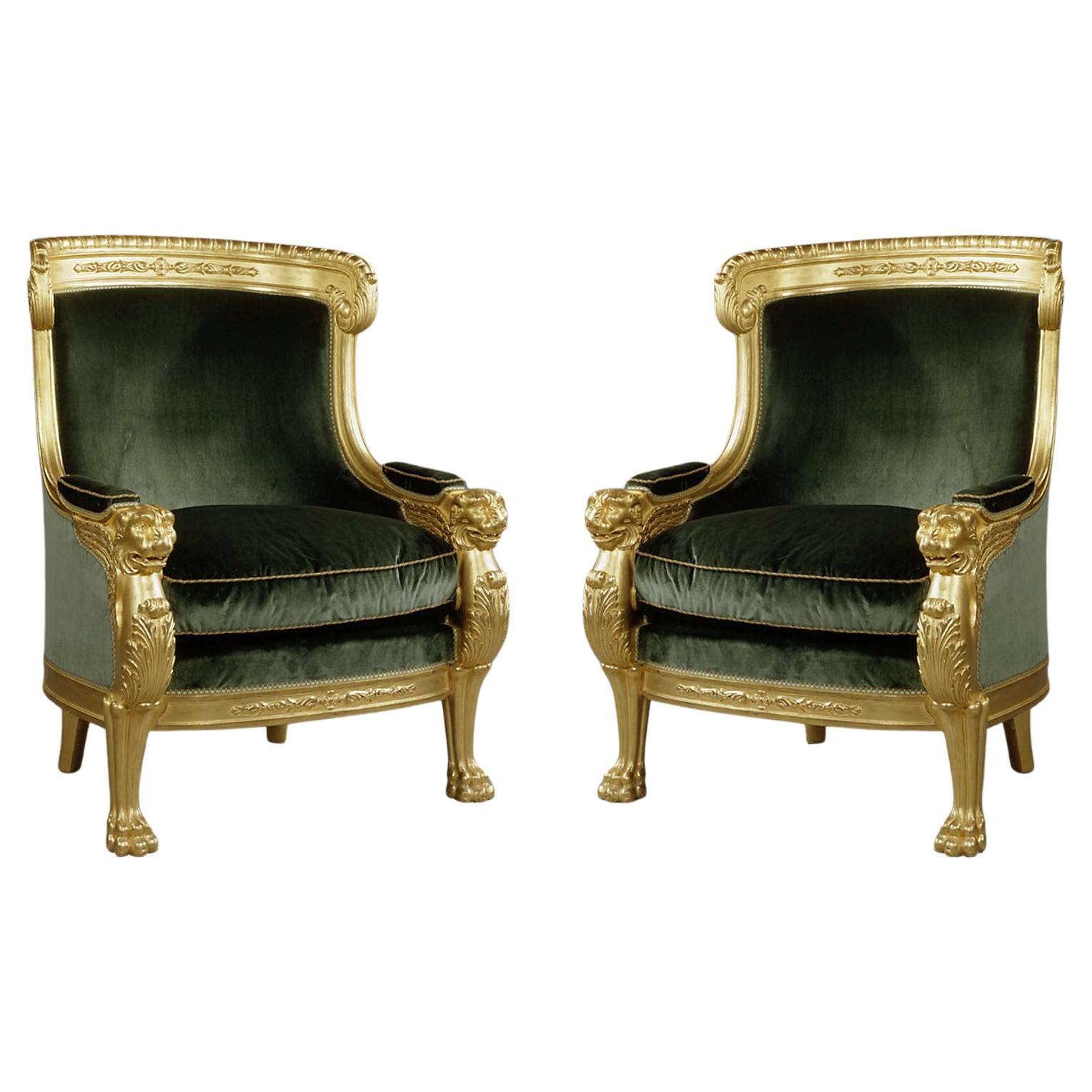 Pair of Empire Style Carved Giltwood Tub Chairs with Green Velvet Upholstery. For Sale