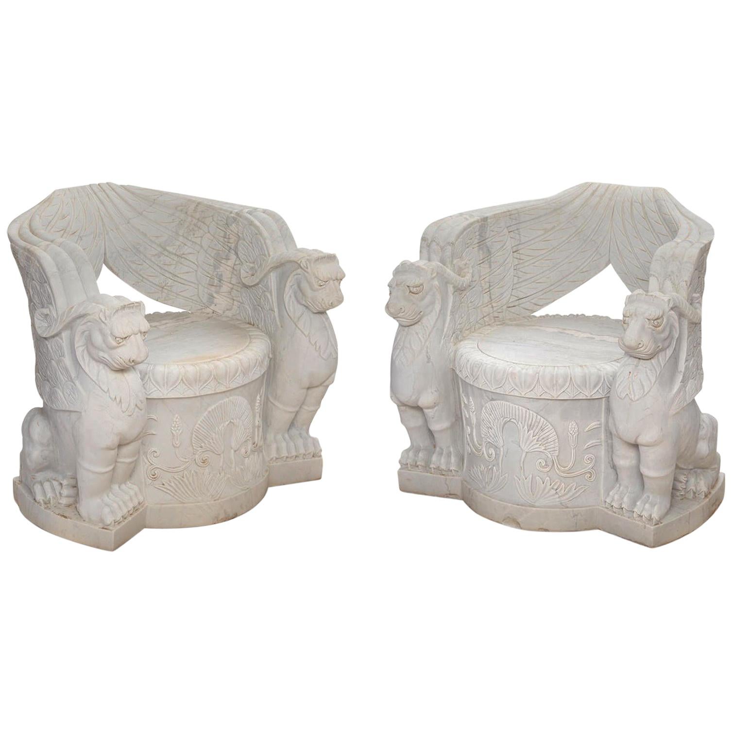 Pair of Empire Style Carved Marble Chairs