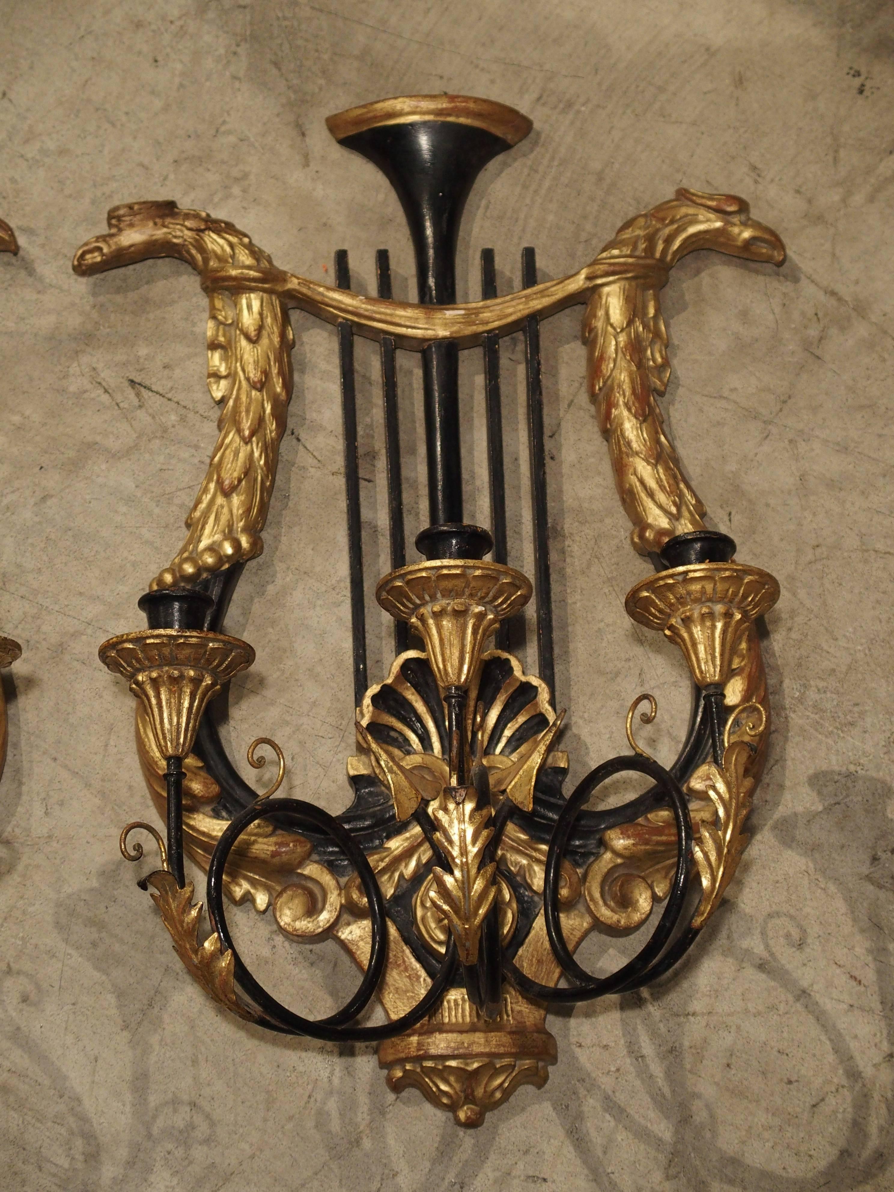 Hand-Carved Pair of Empire Style Carved Wood and Metal Sconces from Italy