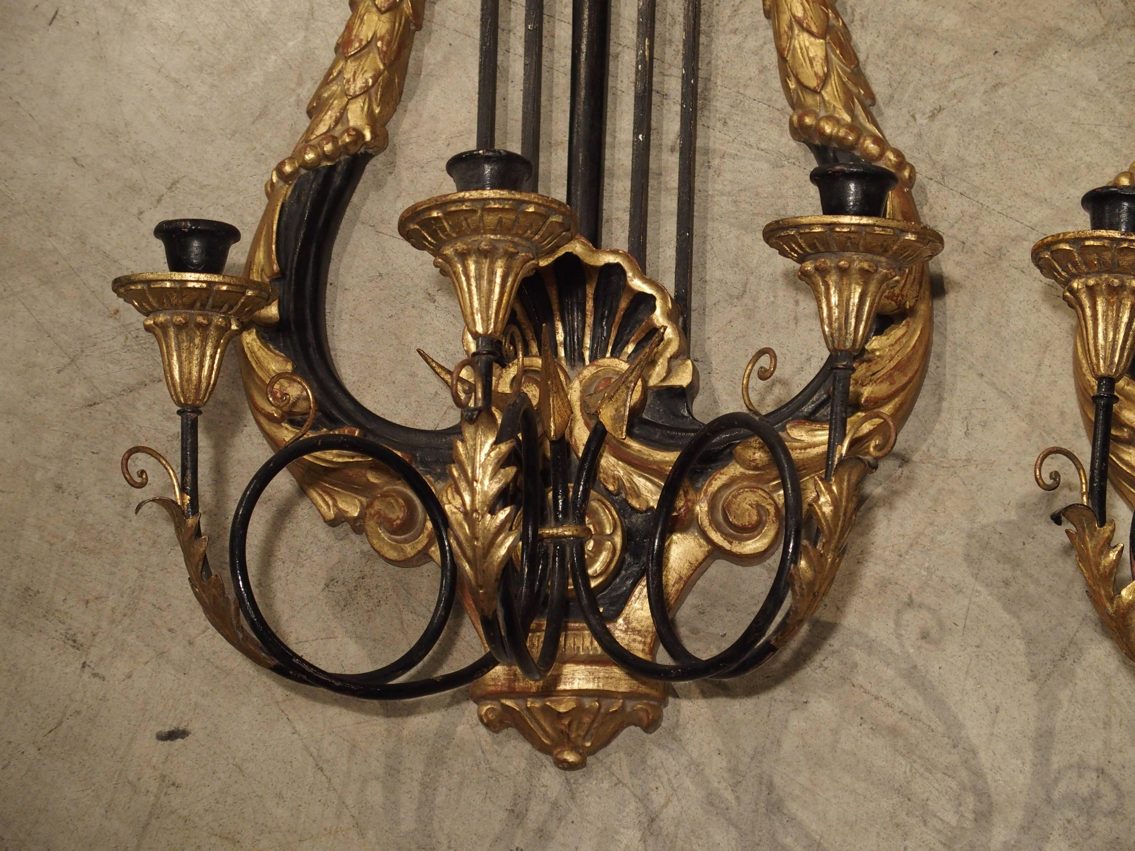 Pair of Empire Style Carved Wood and Metal Sconces from Italy 1