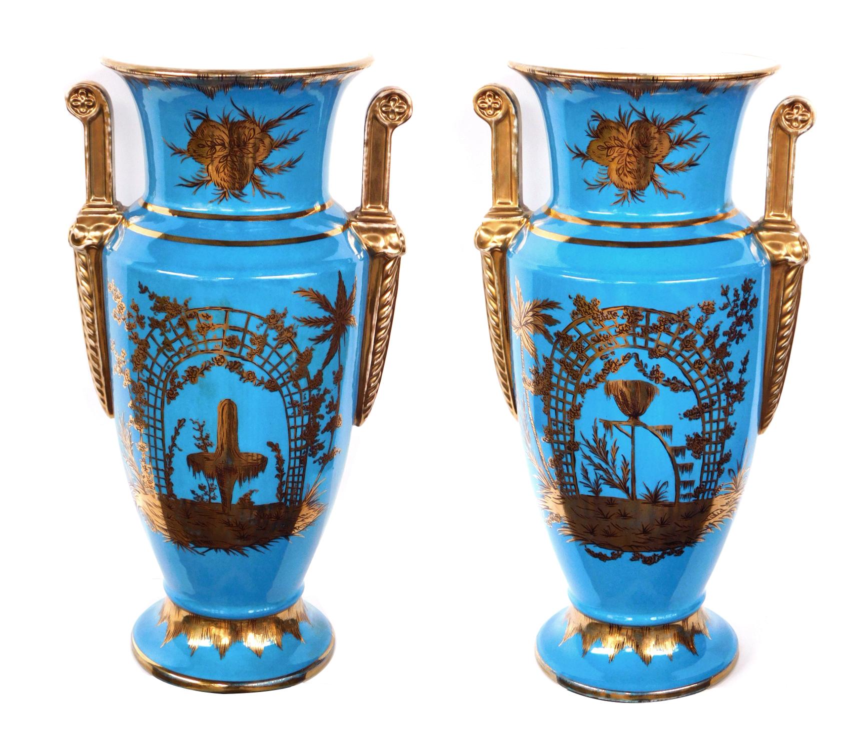 Pair of Empire Style Cerulean-Glazed Porcelain Vases with Chinoiserie Motifs 6