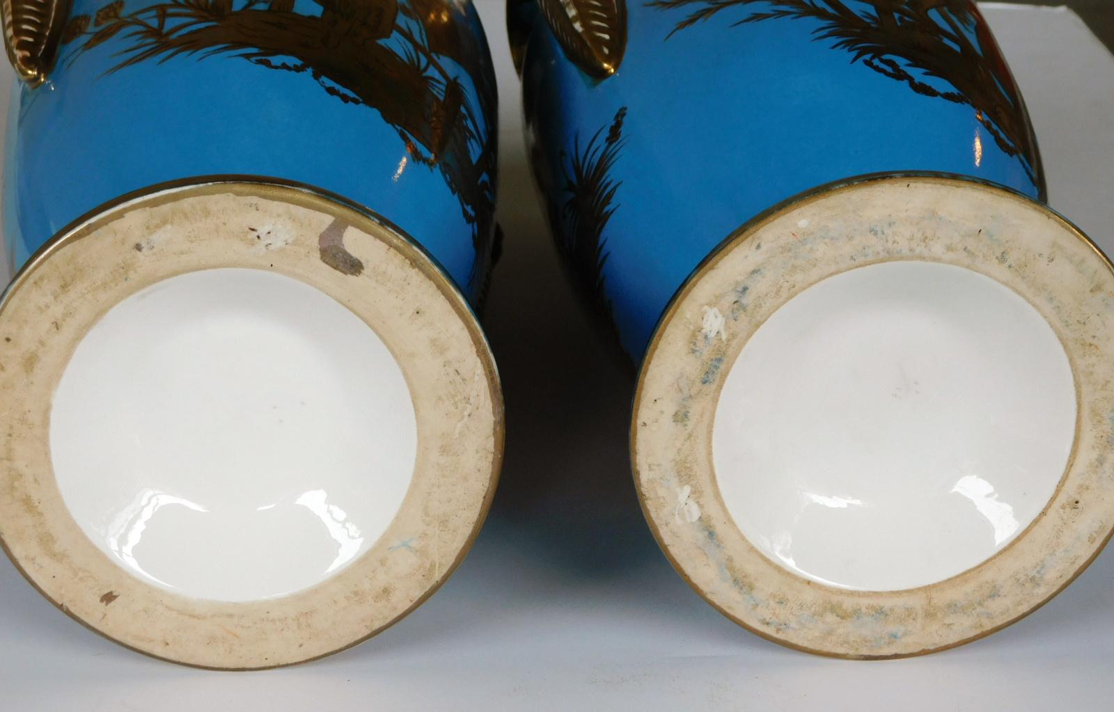 French Pair of Empire Style Cerulean-Glazed Porcelain Vases with Chinoiserie Motifs