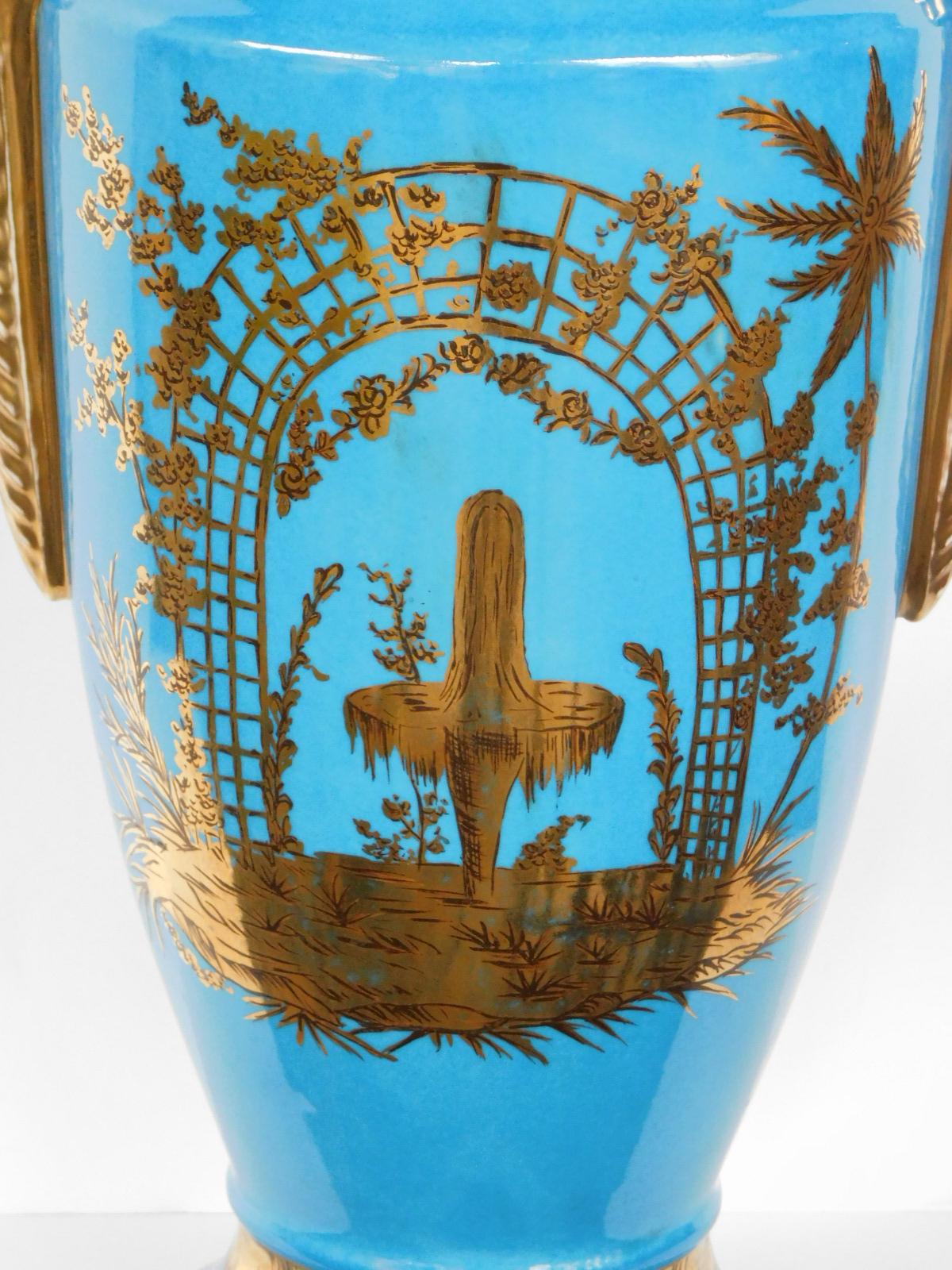 Pair of Empire Style Cerulean-Glazed Porcelain Vases with Chinoiserie Motifs In Excellent Condition In San Francisco, CA
