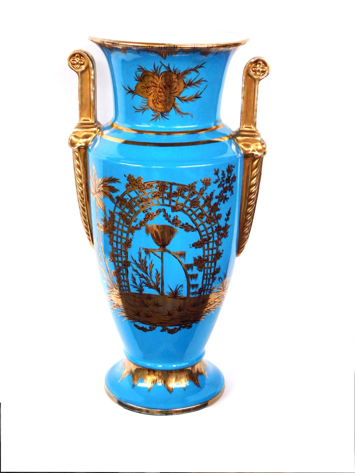 19th Century Pair of Empire Style Cerulean-Glazed Porcelain Vases with Chinoiserie Motifs