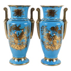 Pair of Empire Style Cerulean-Glazed Porcelain Vases with Chinoiserie Motifs