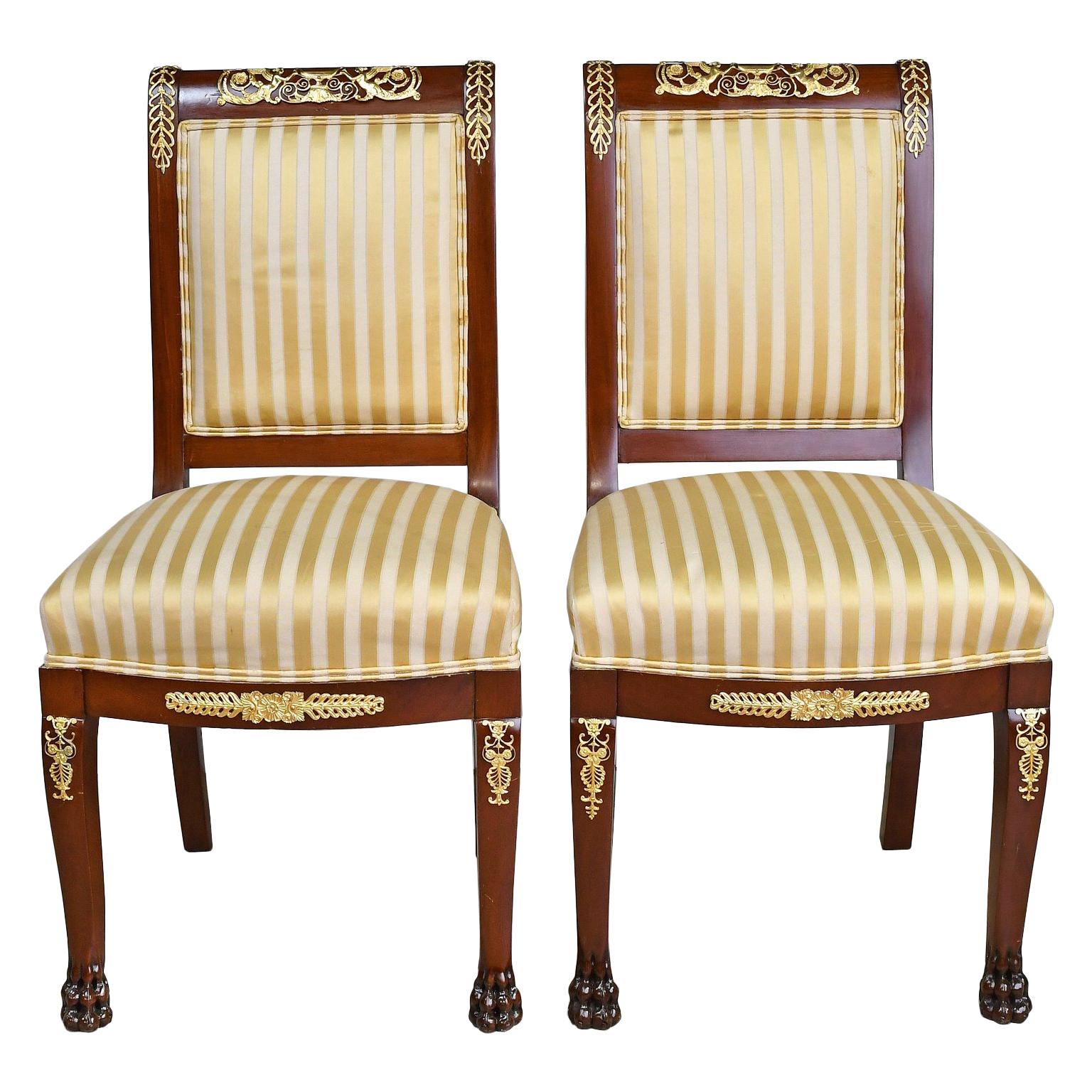 Pair of Empire-Style Chairs in Mahogany with Bronze Doré Ormolu, France, c. 1915 3