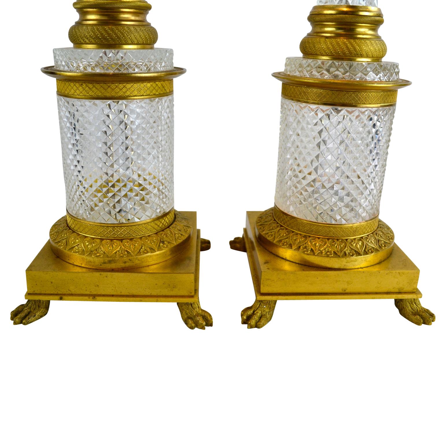 Pair of Empire Style Crystal and Gilt Bronze Column Lamps In Good Condition In Vancouver, British Columbia