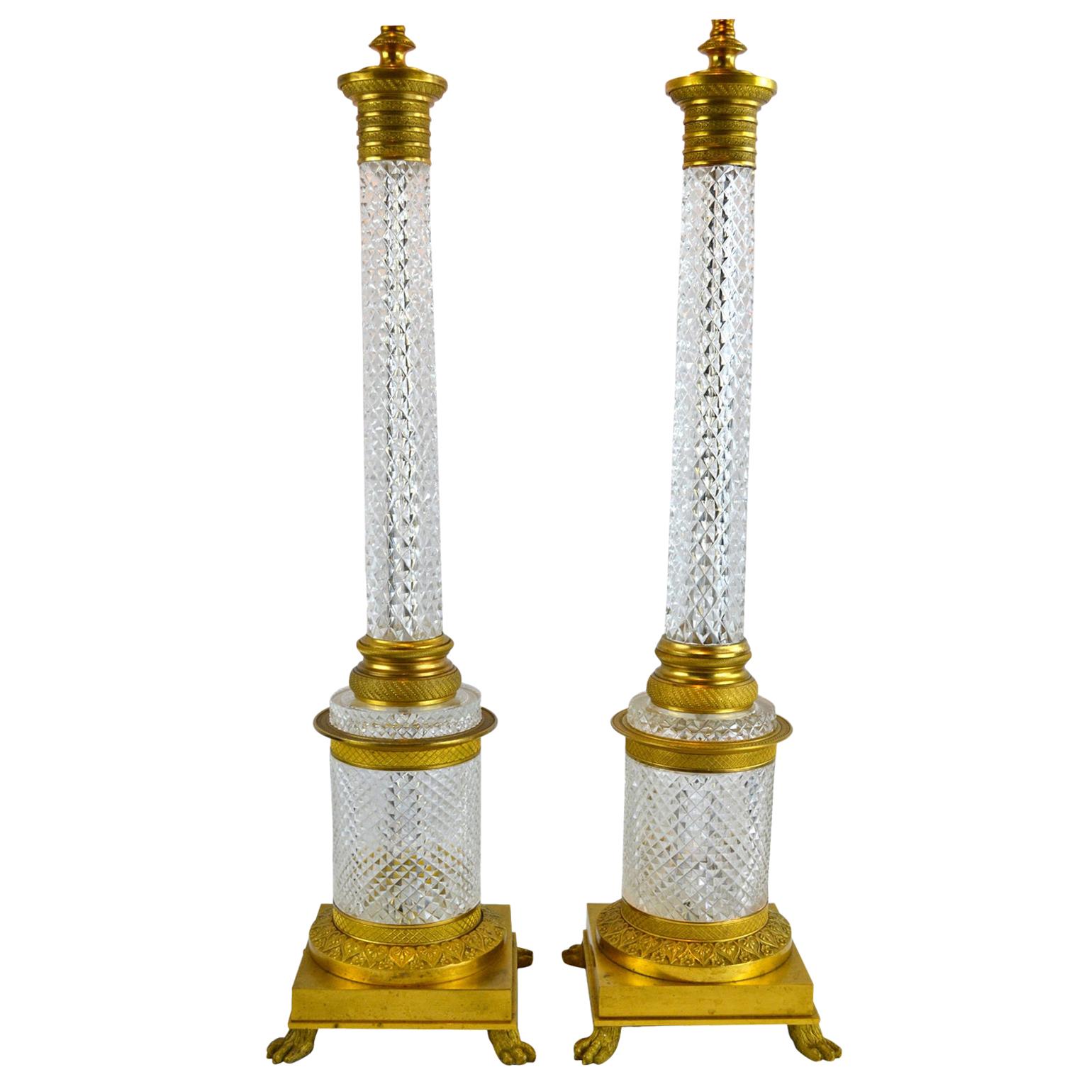 Pair of Empire Style Crystal and Gilt Bronze Column Lamps