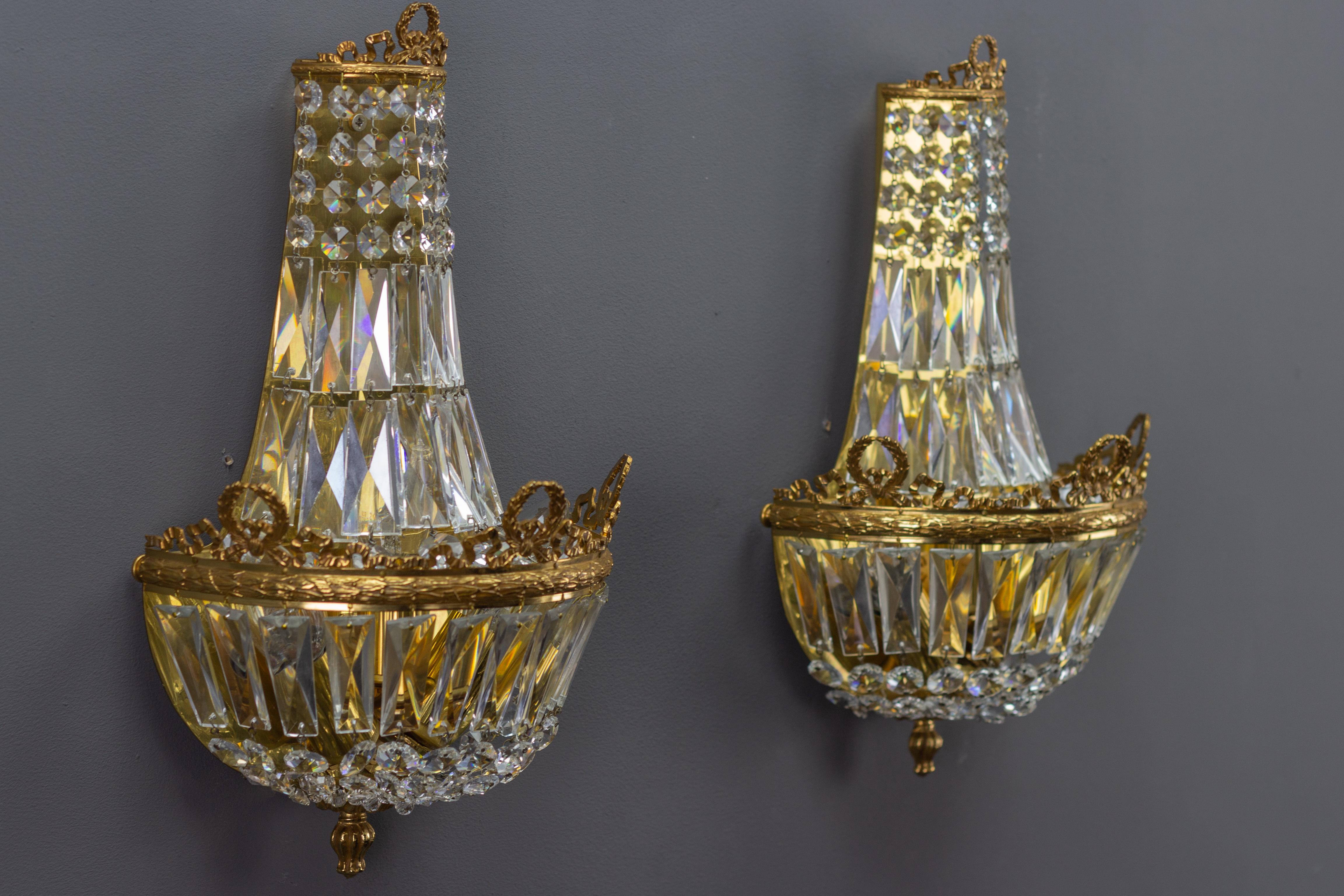 Pair of Empire Style Crystal Glass and Brass Sconces by Palwa, Germany, 1960s 11