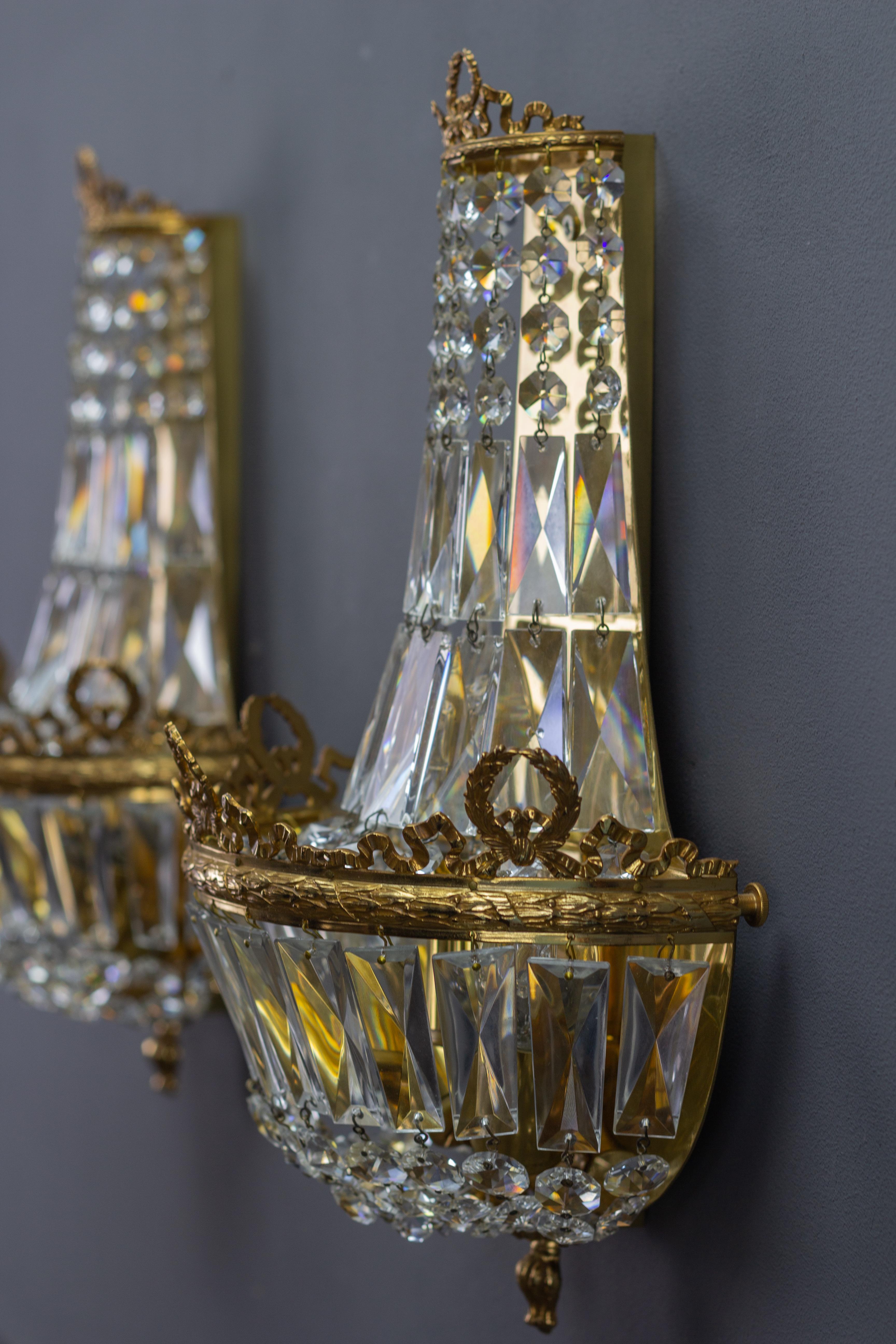 Pair of Empire Style Crystal Glass and Brass Sconces by Palwa, Germany, 1960s 12