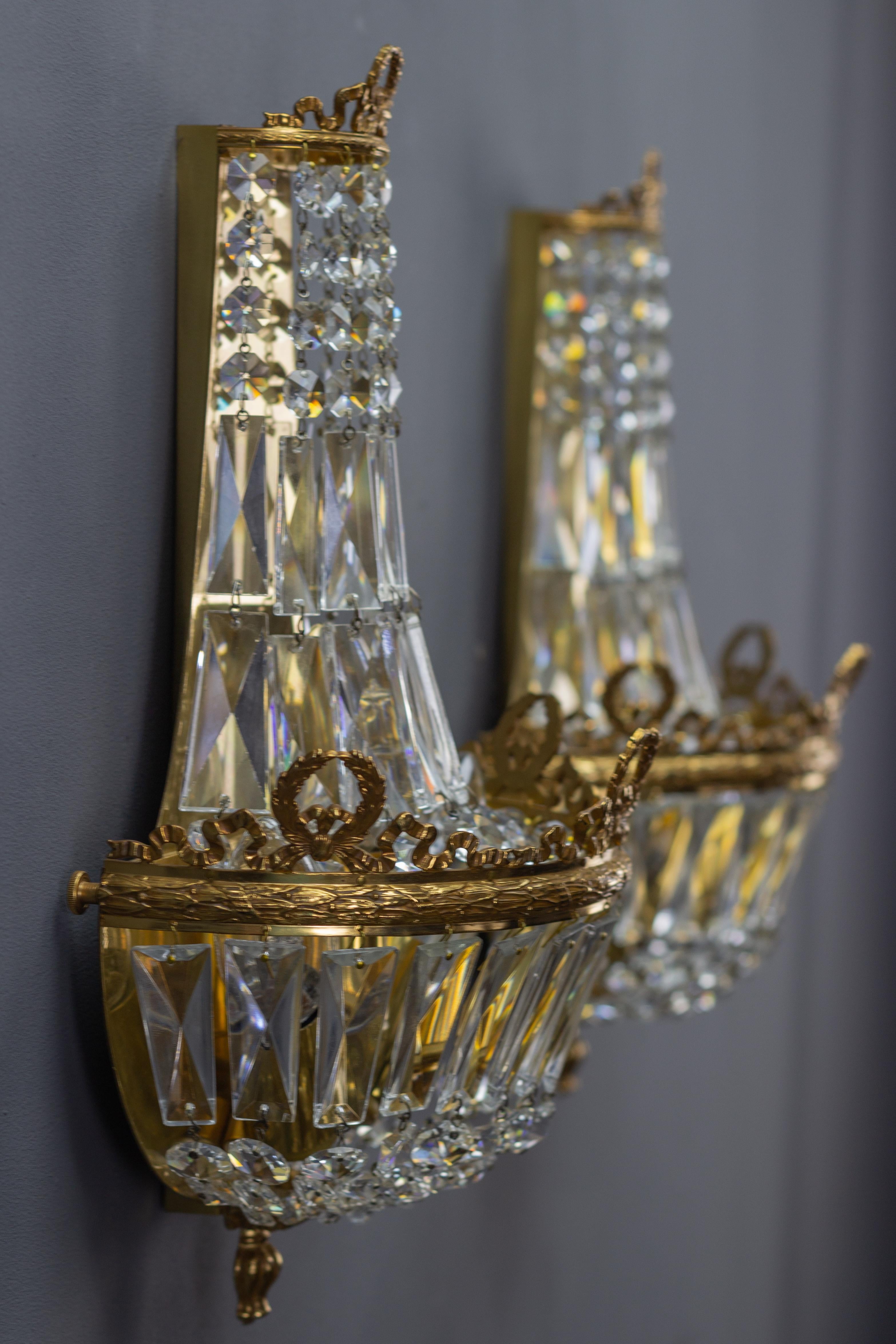 Pair of Empire Style Crystal Glass and Brass Sconces by Palwa, Germany, 1960s 13