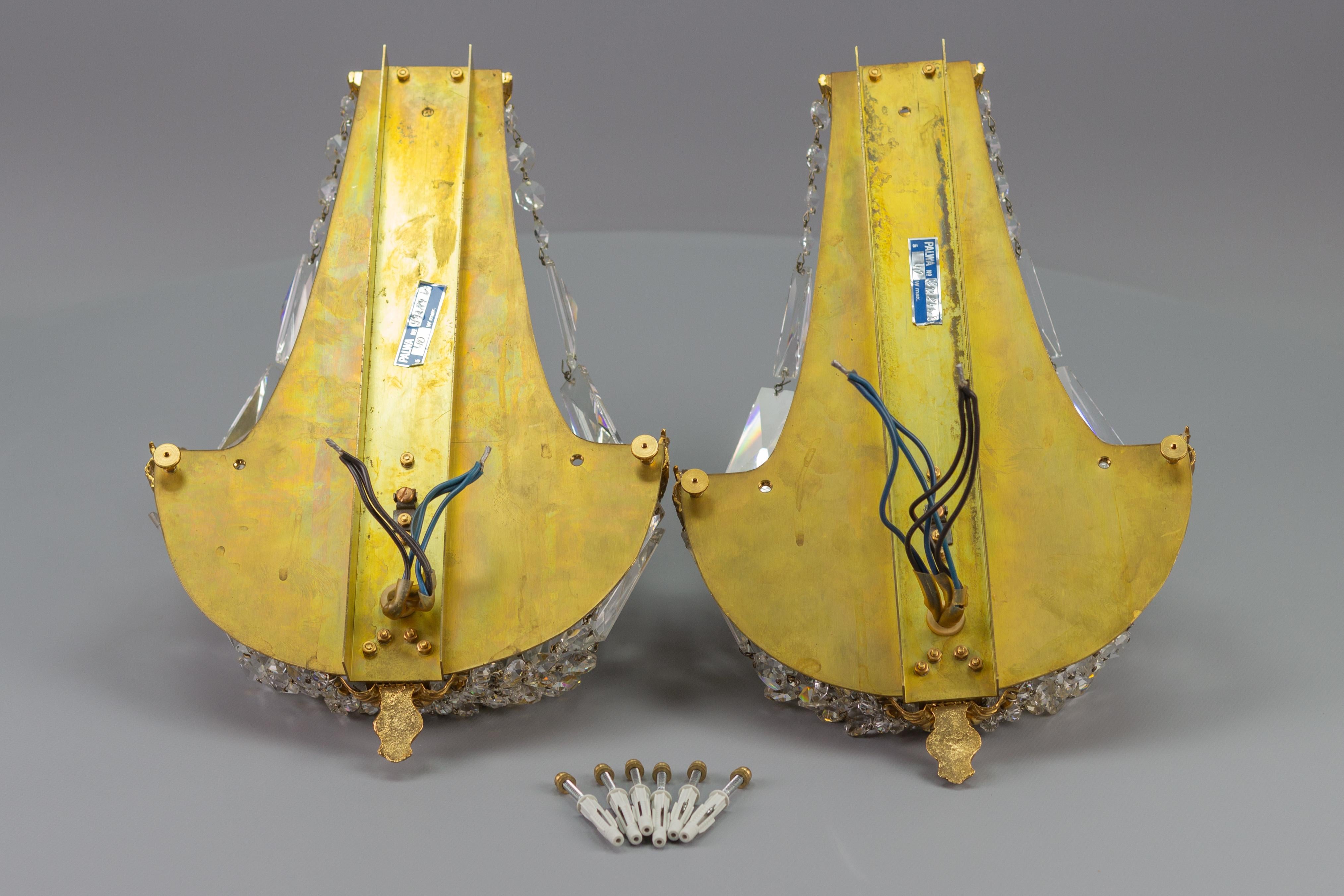 Pair of Empire Style Crystal Glass and Brass Sconces by Palwa, Germany, 1960s 14