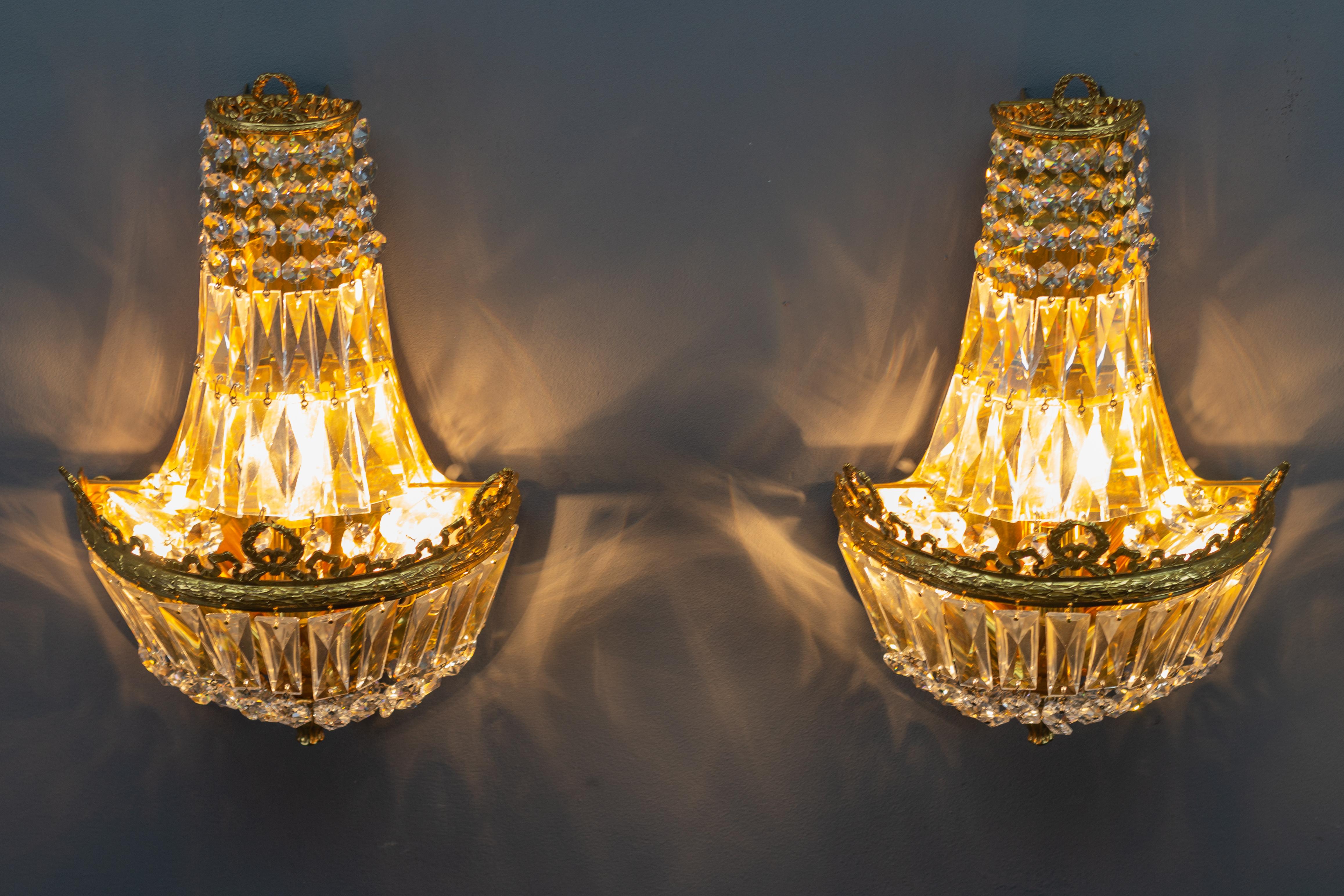 Pair of Empire Style Crystal Glass and Brass Sconces by Palwa, Germany, 1960s 15