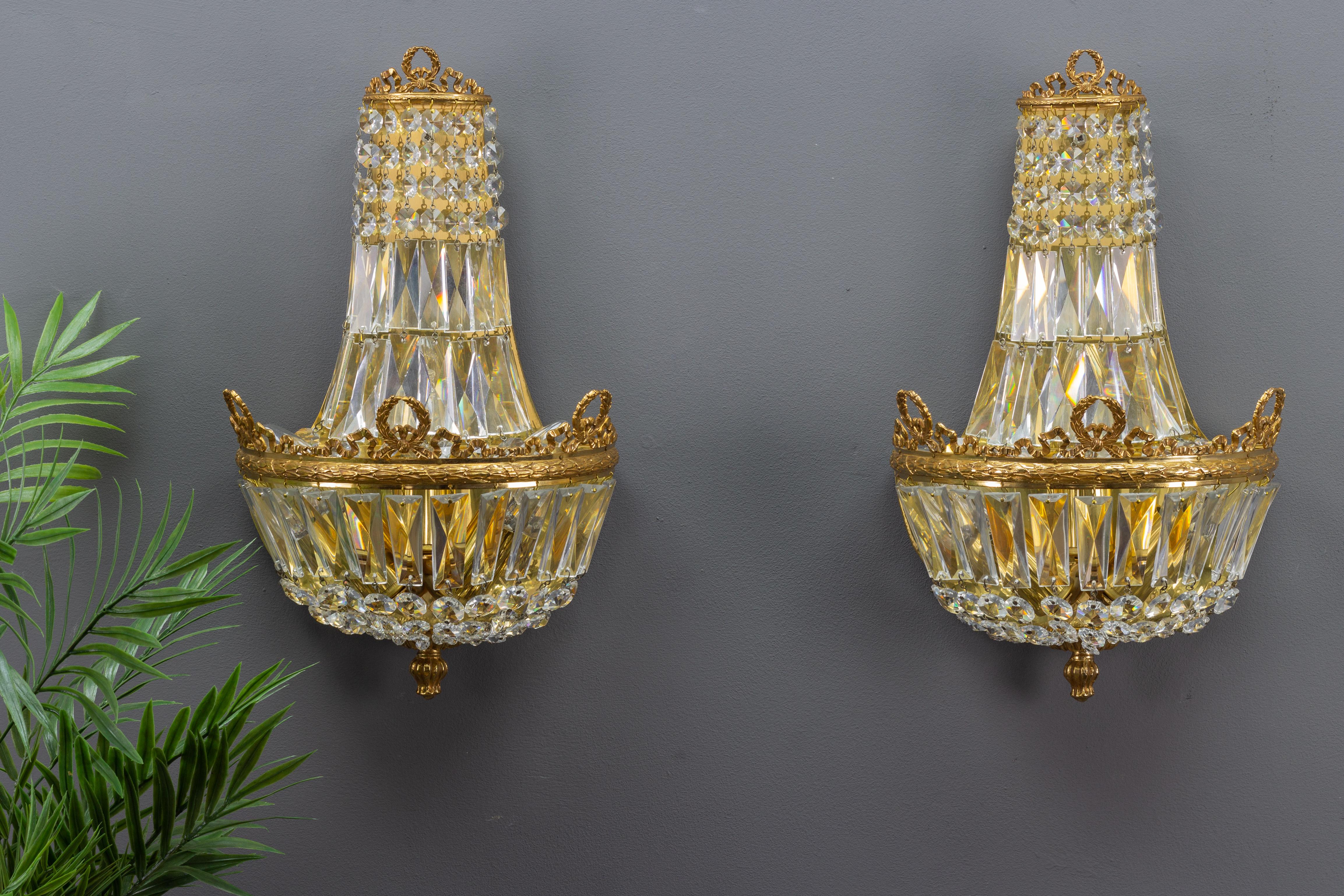 Gilt Pair of Empire Style Crystal Glass and Brass Sconces by Palwa, Germany, 1960s