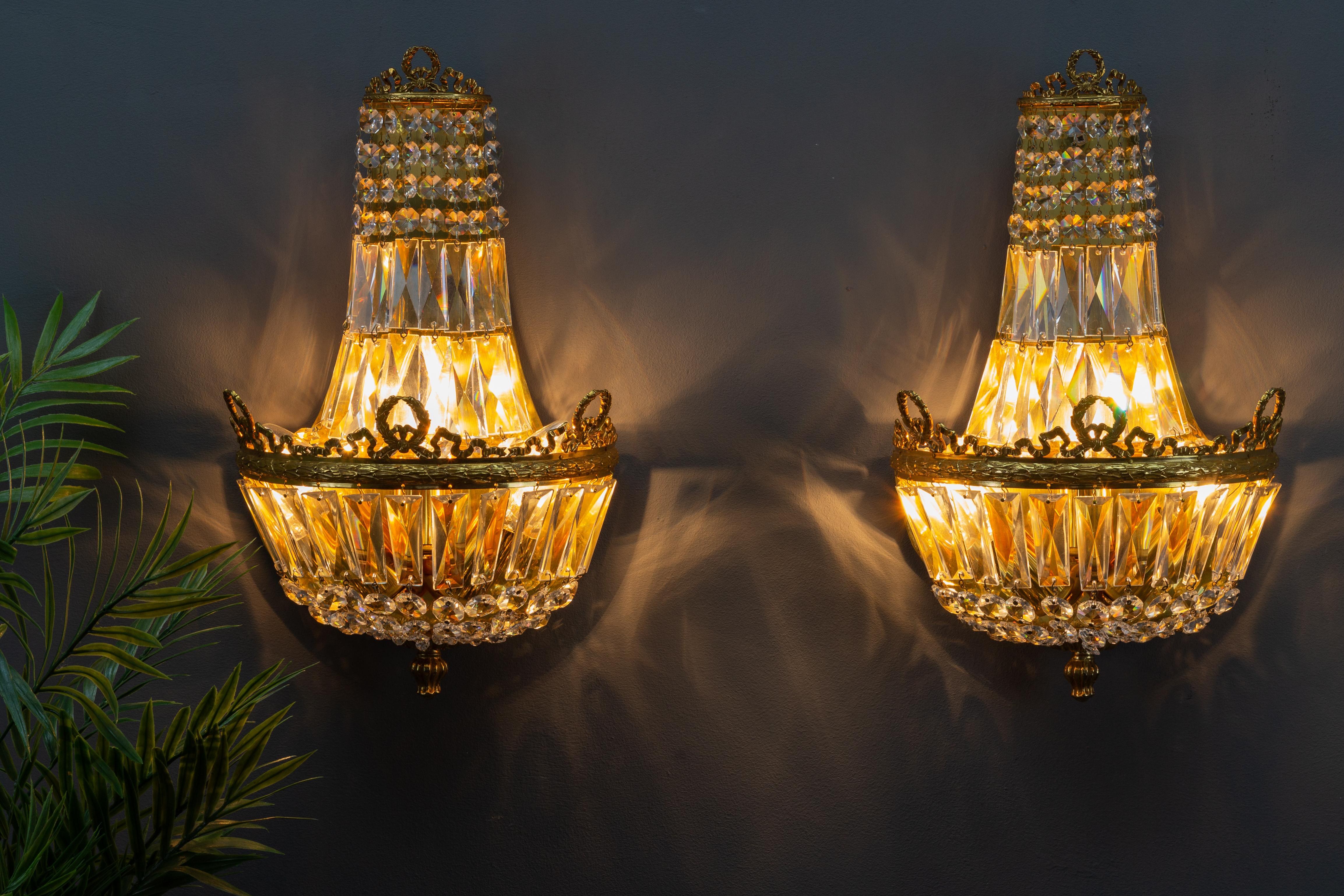 Pair of Empire Style Crystal Glass and Brass Sconces by Palwa, Germany, 1960s In Good Condition In Barntrup, DE