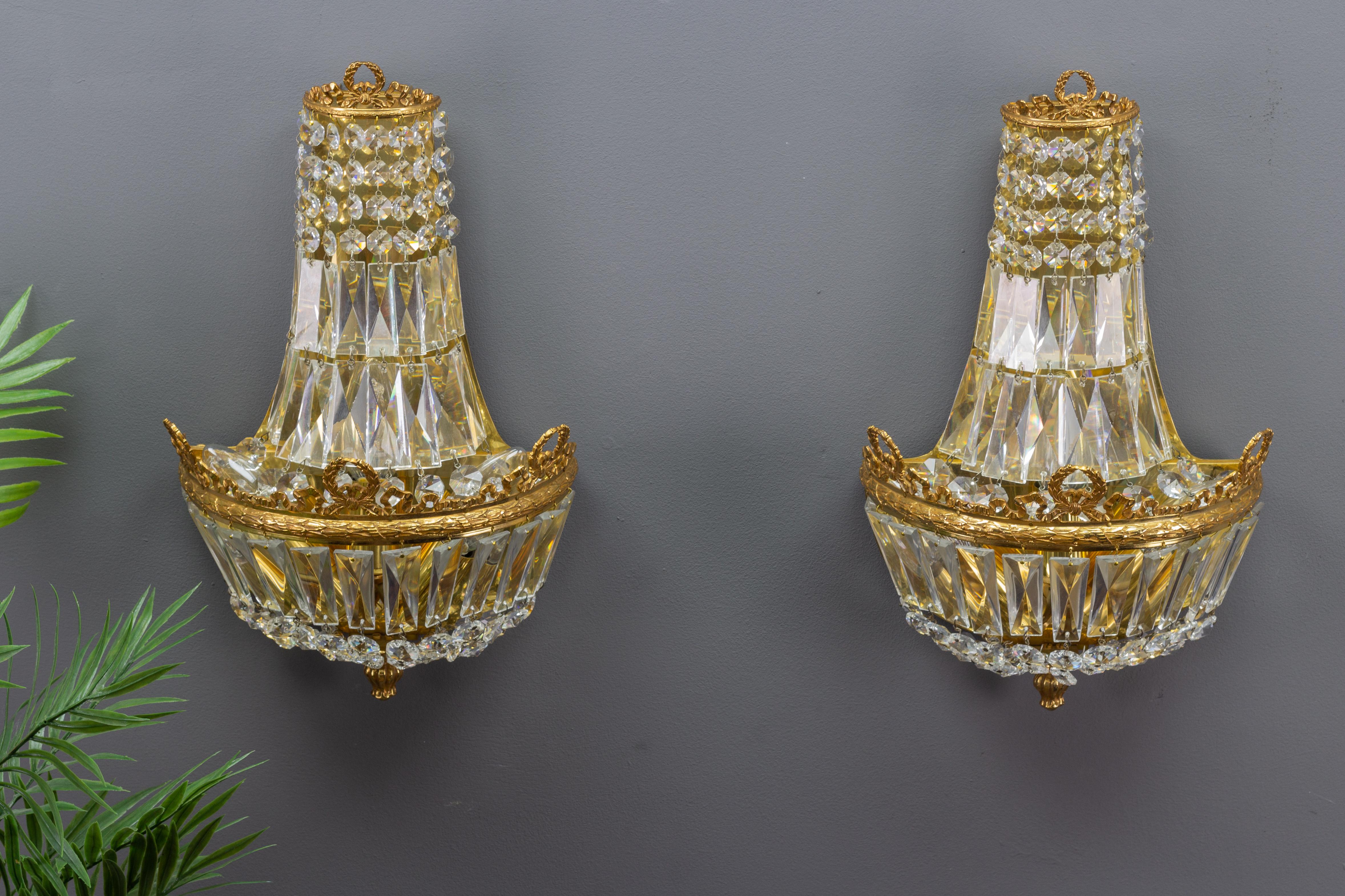 Mid-20th Century Pair of Empire Style Crystal Glass and Brass Sconces by Palwa, Germany, 1960s