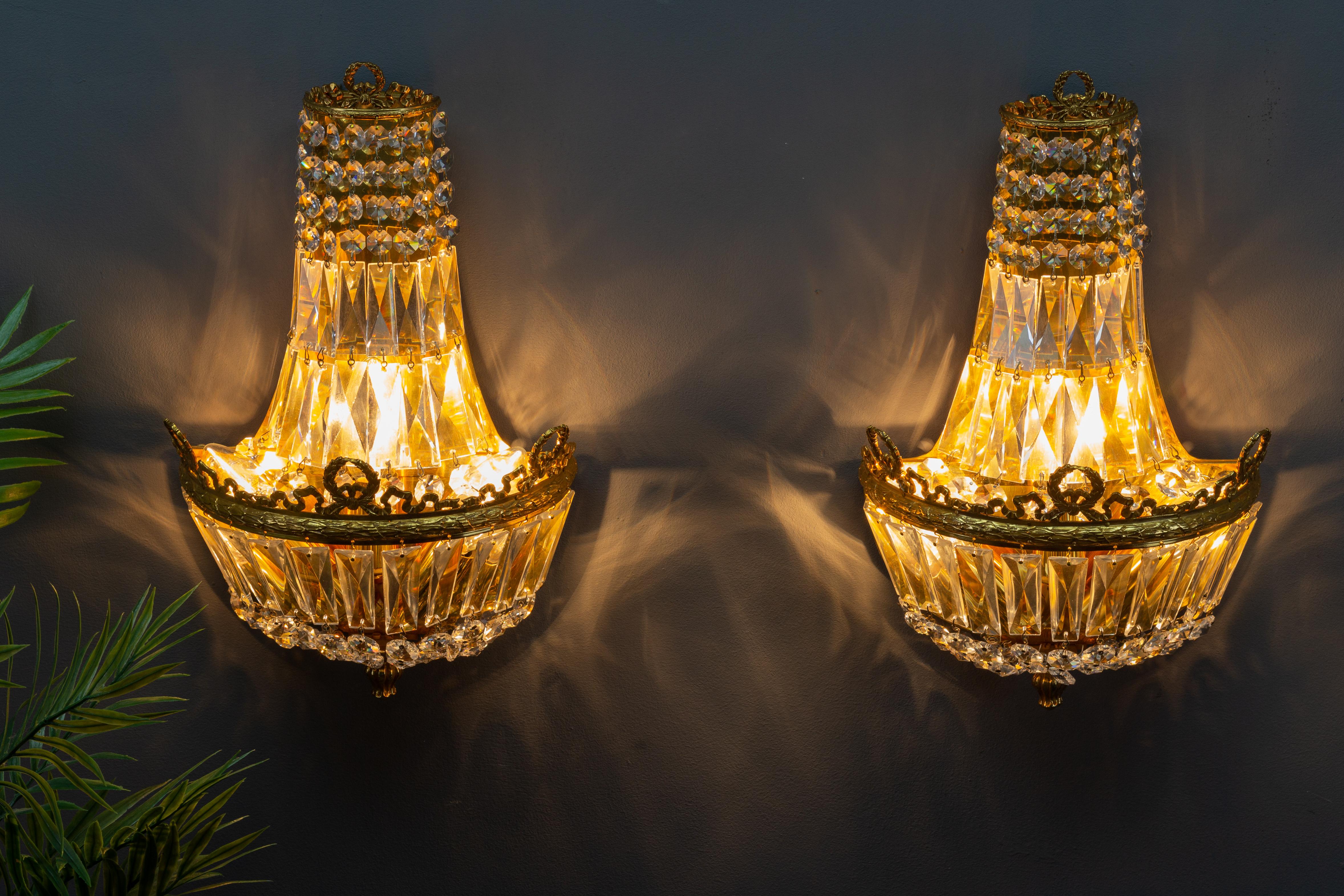 Pair of Empire Style Crystal Glass and Brass Sconces by Palwa, Germany, 1960s 1