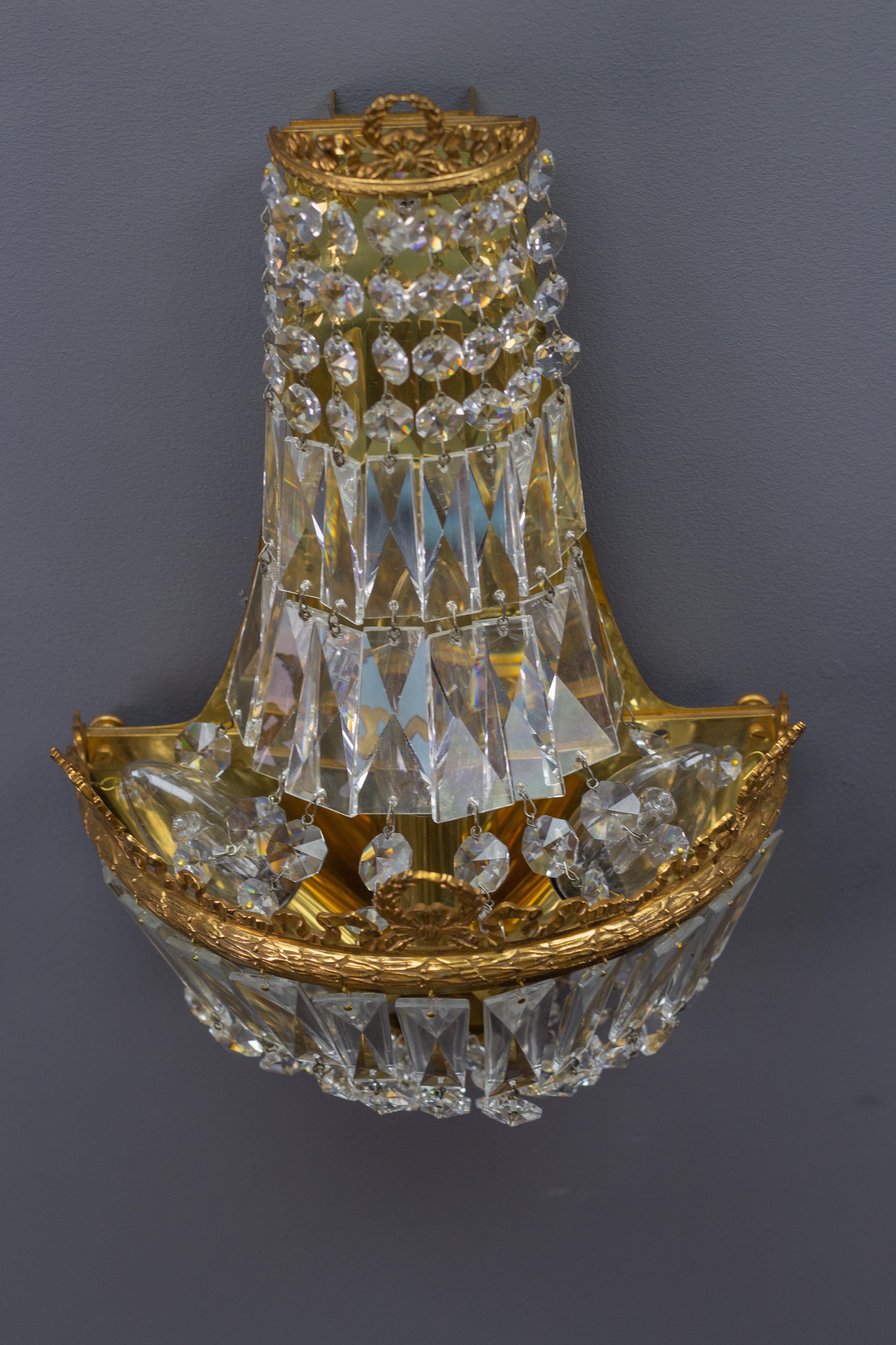Pair of Empire Style Crystal Glass and Brass Sconces by Palwa, Germany, 1960s 2