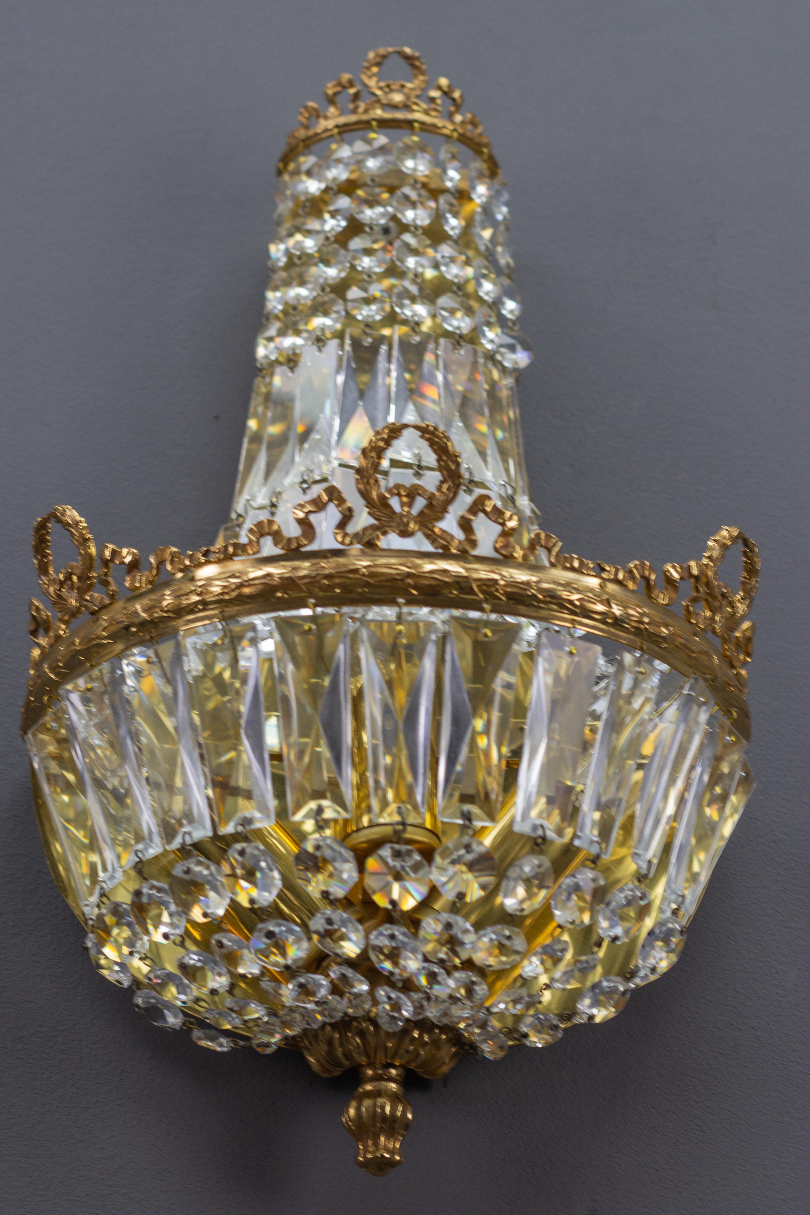 Pair of Empire Style Crystal Glass and Brass Sconces by Palwa, Germany, 1960s 3