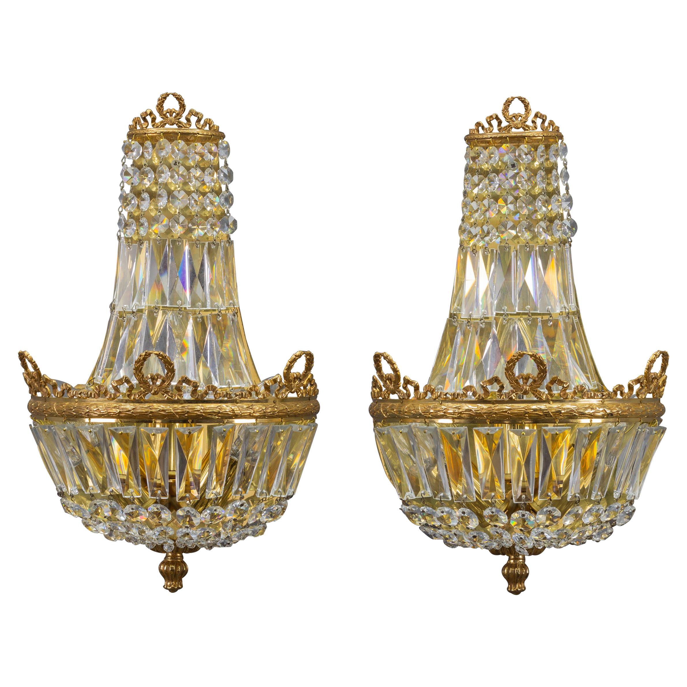 Pair of Empire Style Crystal Glass and Brass Sconces by Palwa, Germany, 1960s