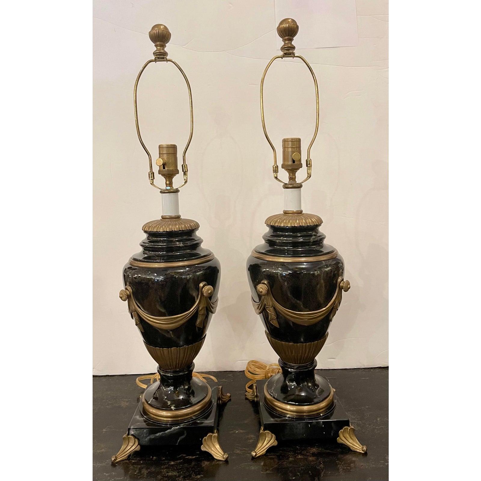 Pair of E.F. Chapman Trompe l'Oeil Faux Marble Empire Style Table Lamp. The height to the top of the base 16