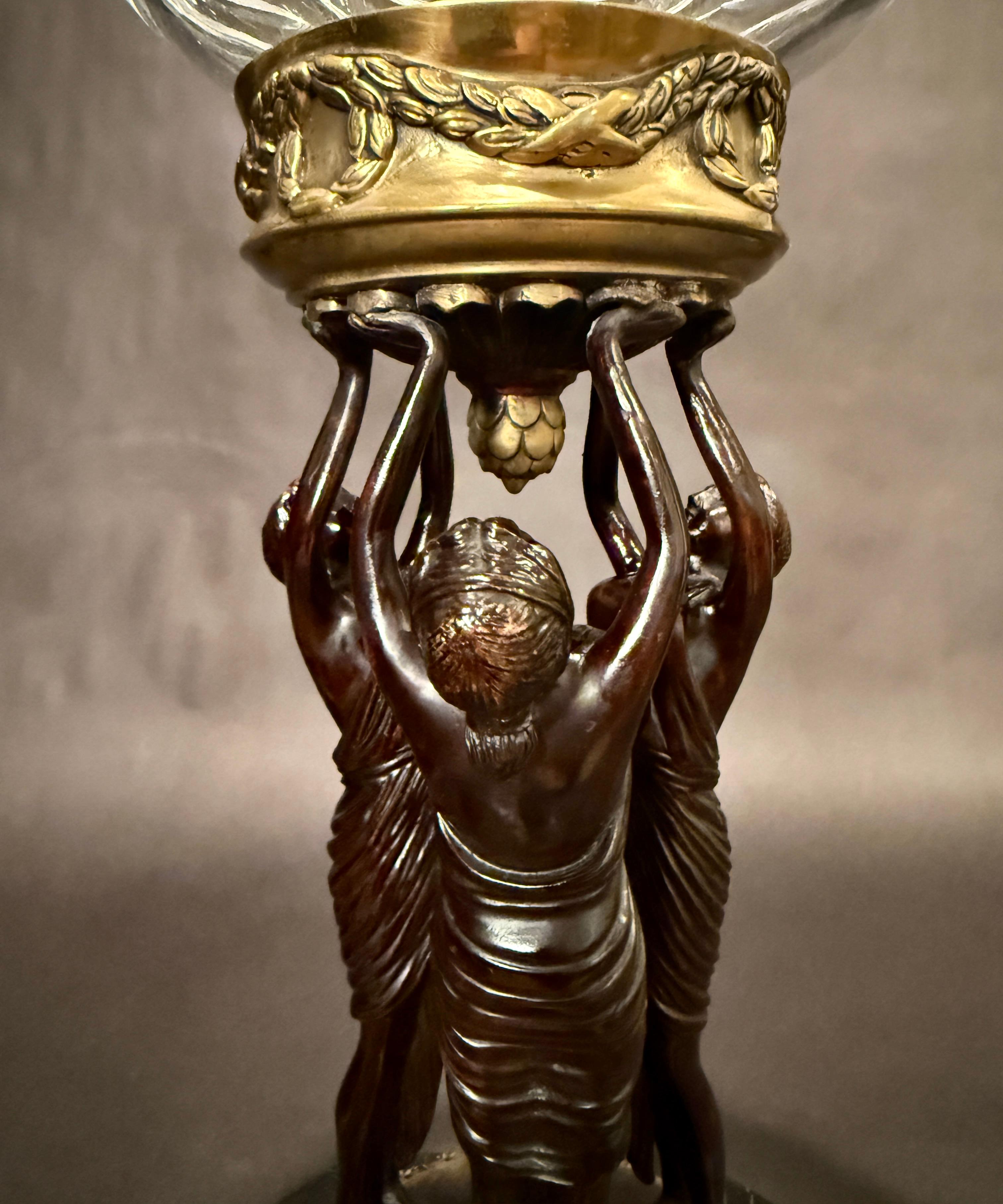 Pair Of Empire Style Figural Candle Hurricane Lamps In Good Condition In Norwood, NJ