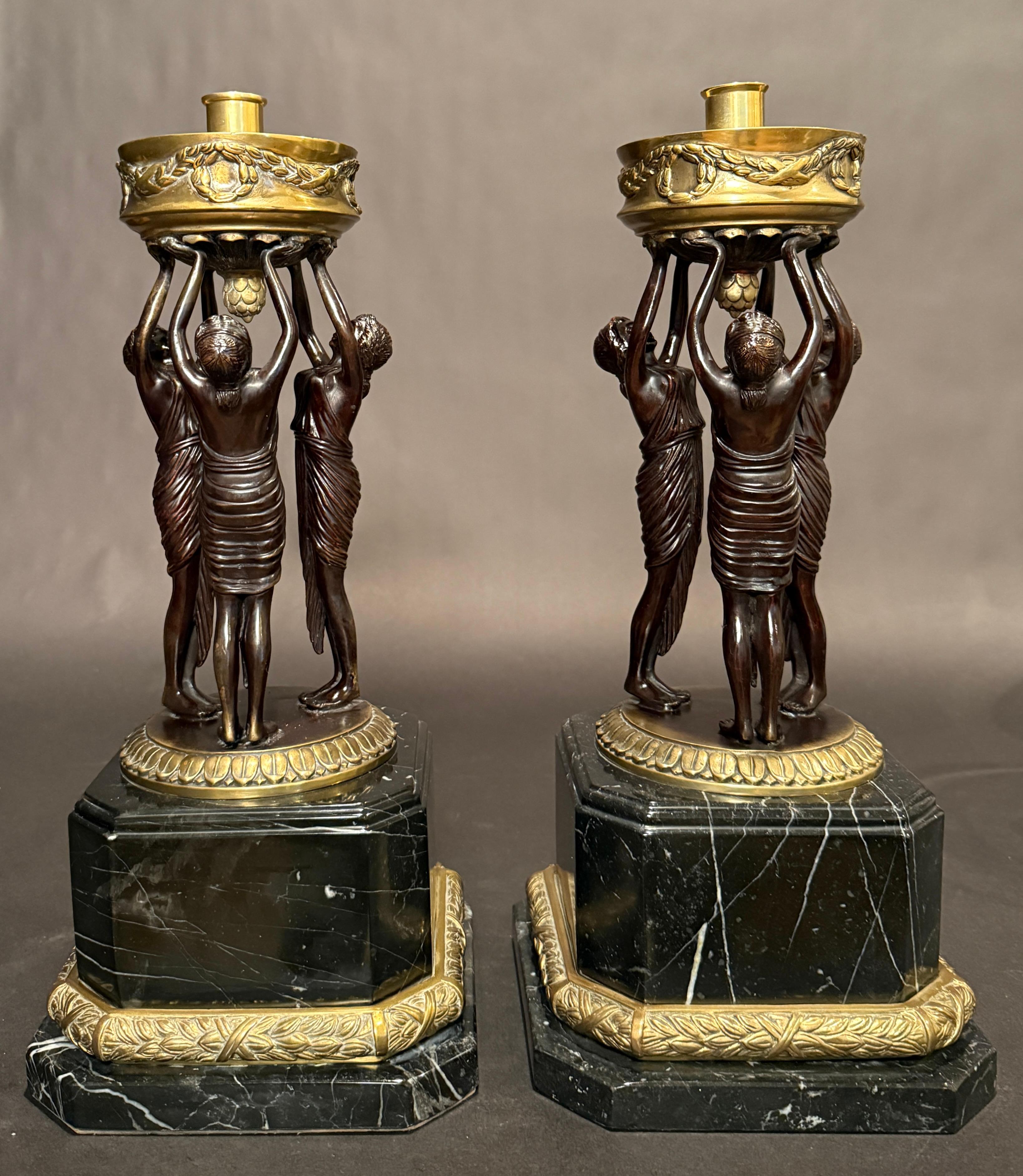20th Century Pair Of Empire Style Figural Candle Hurricane Lamps
