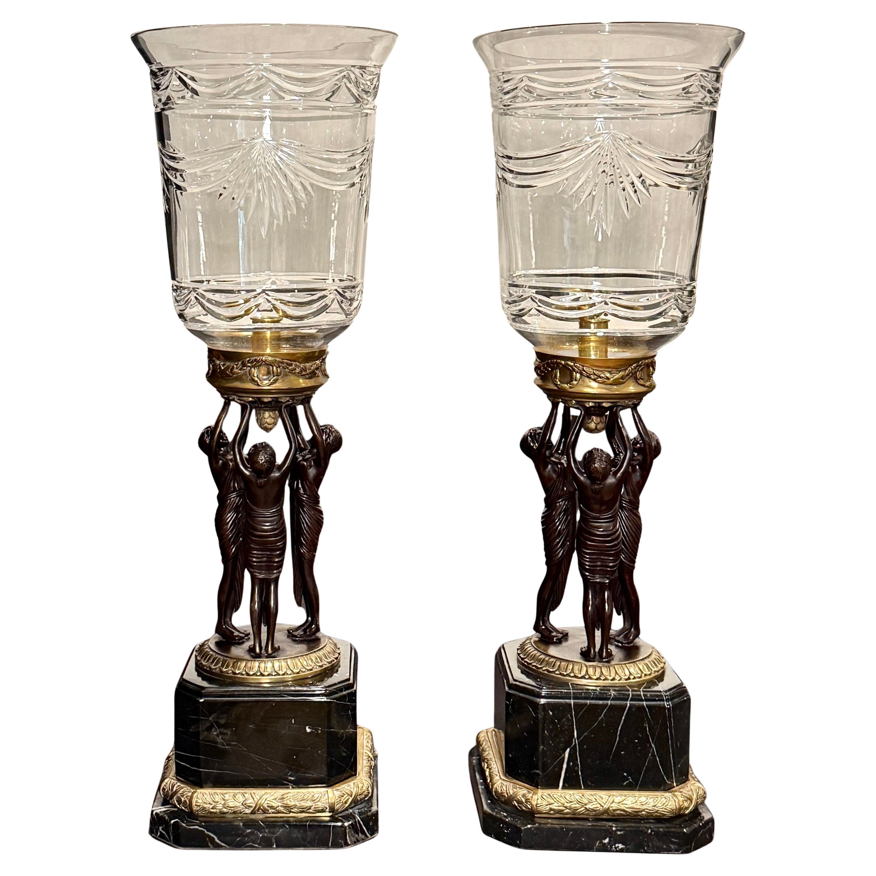 Pair Of Empire Style Figural Candle Hurricane Lamps
