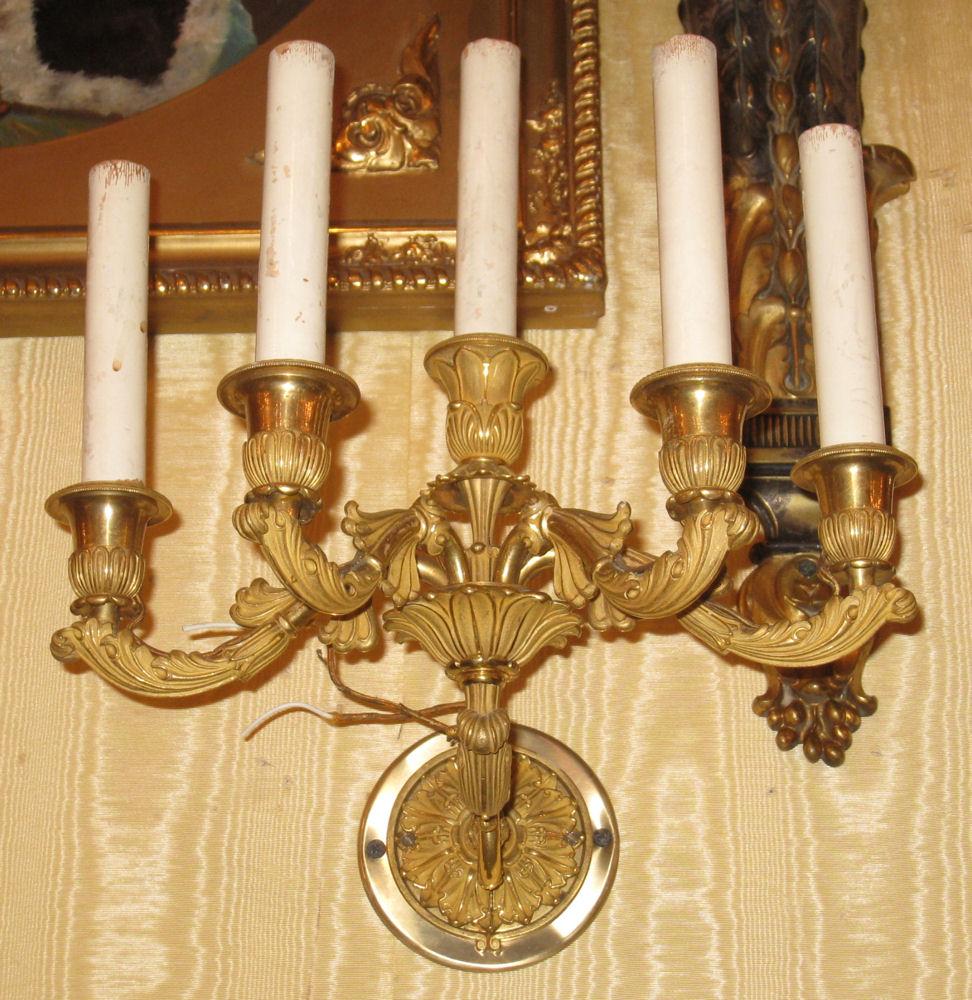 French Pair of Empire Style Five-Arm Gilt Bronze Wall Light Sconces For Sale