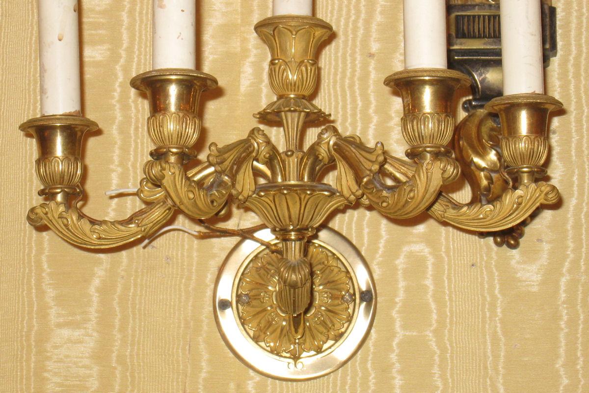 Pair of Empire Style Five-Arm Gilt Bronze Wall Light Sconces For Sale 1