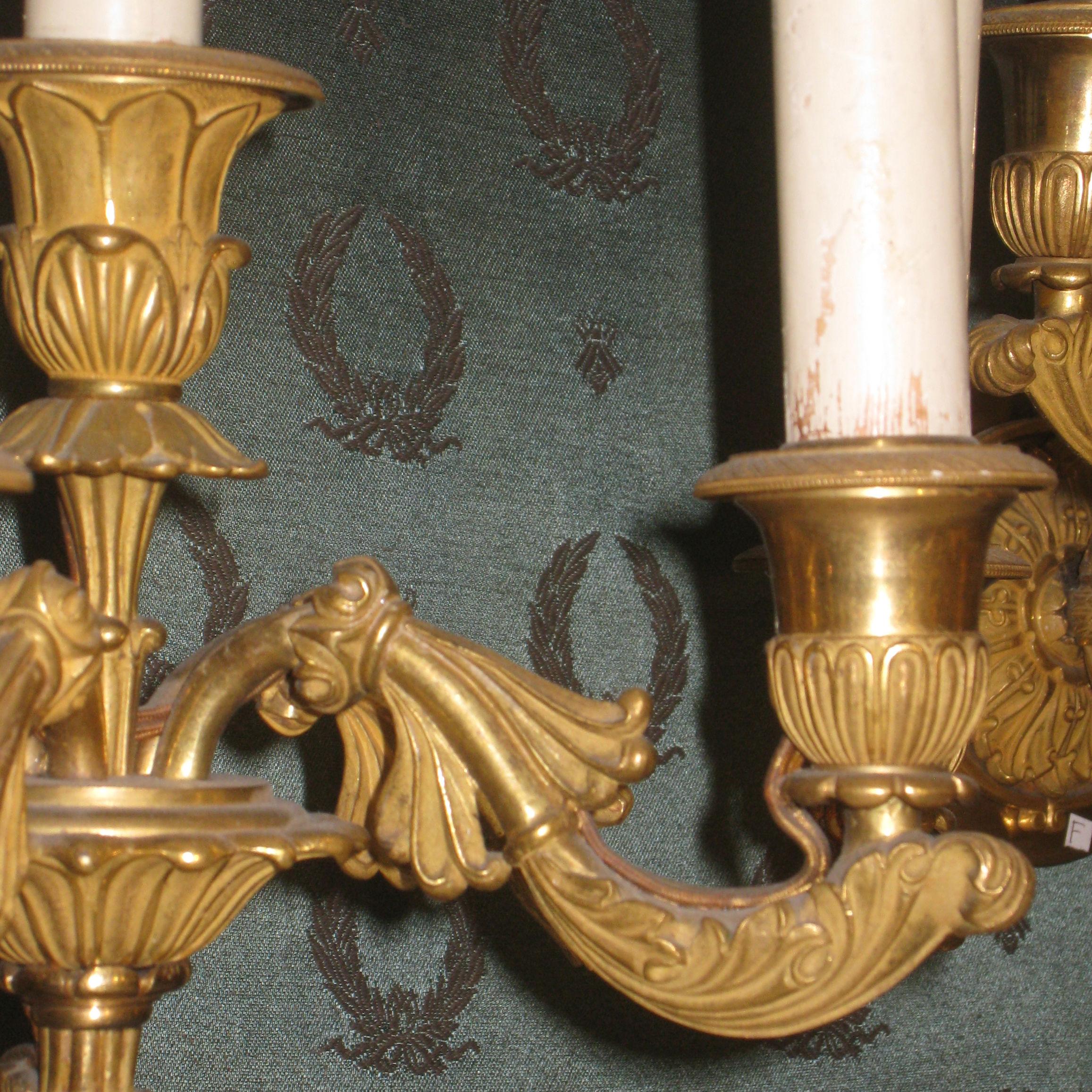 Pair of Empire Style Five-Arm Gilt Bronze Wall Light Sconces For Sale 2
