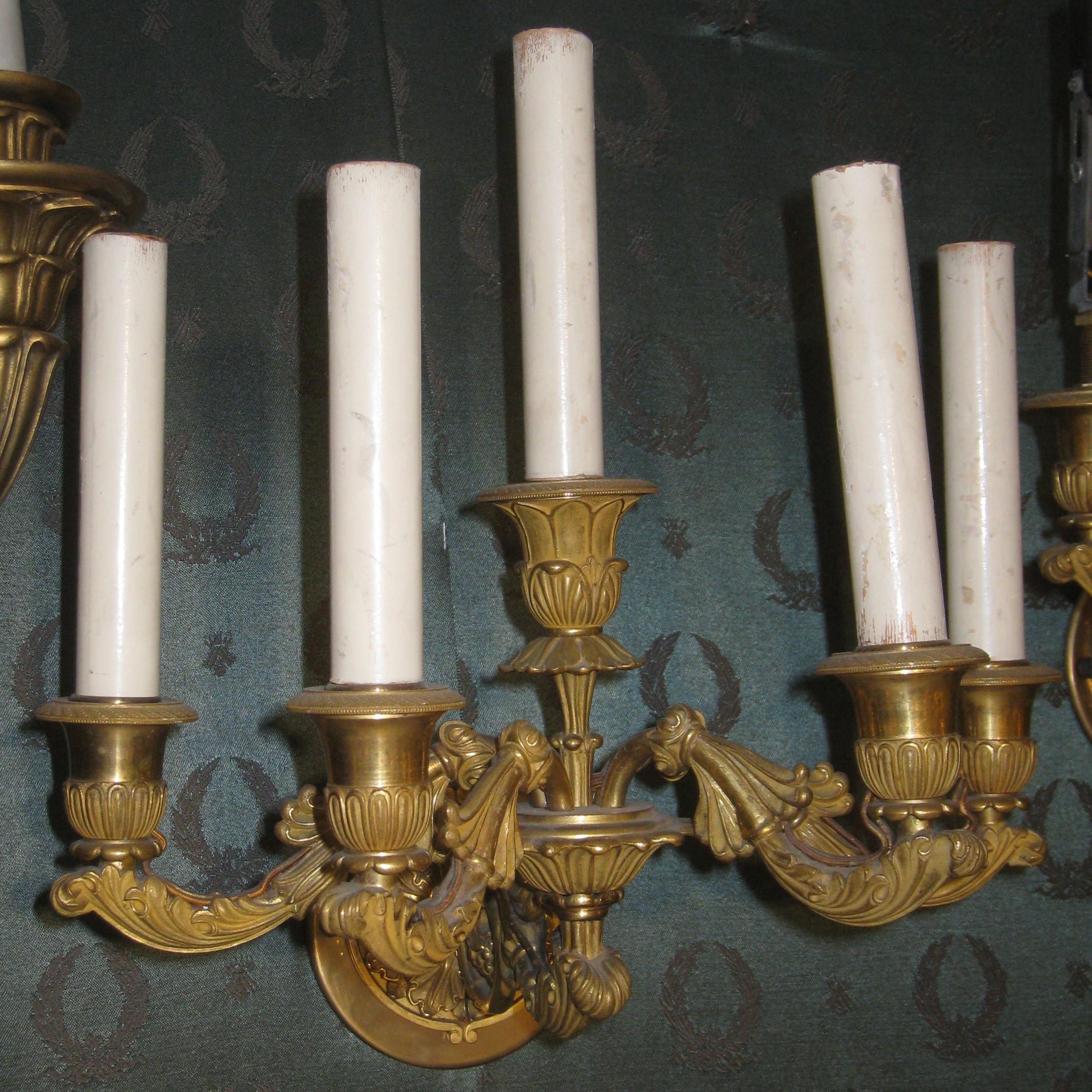 Pair of Empire Style Five-Arm Gilt Bronze Wall Light Sconces For Sale 4