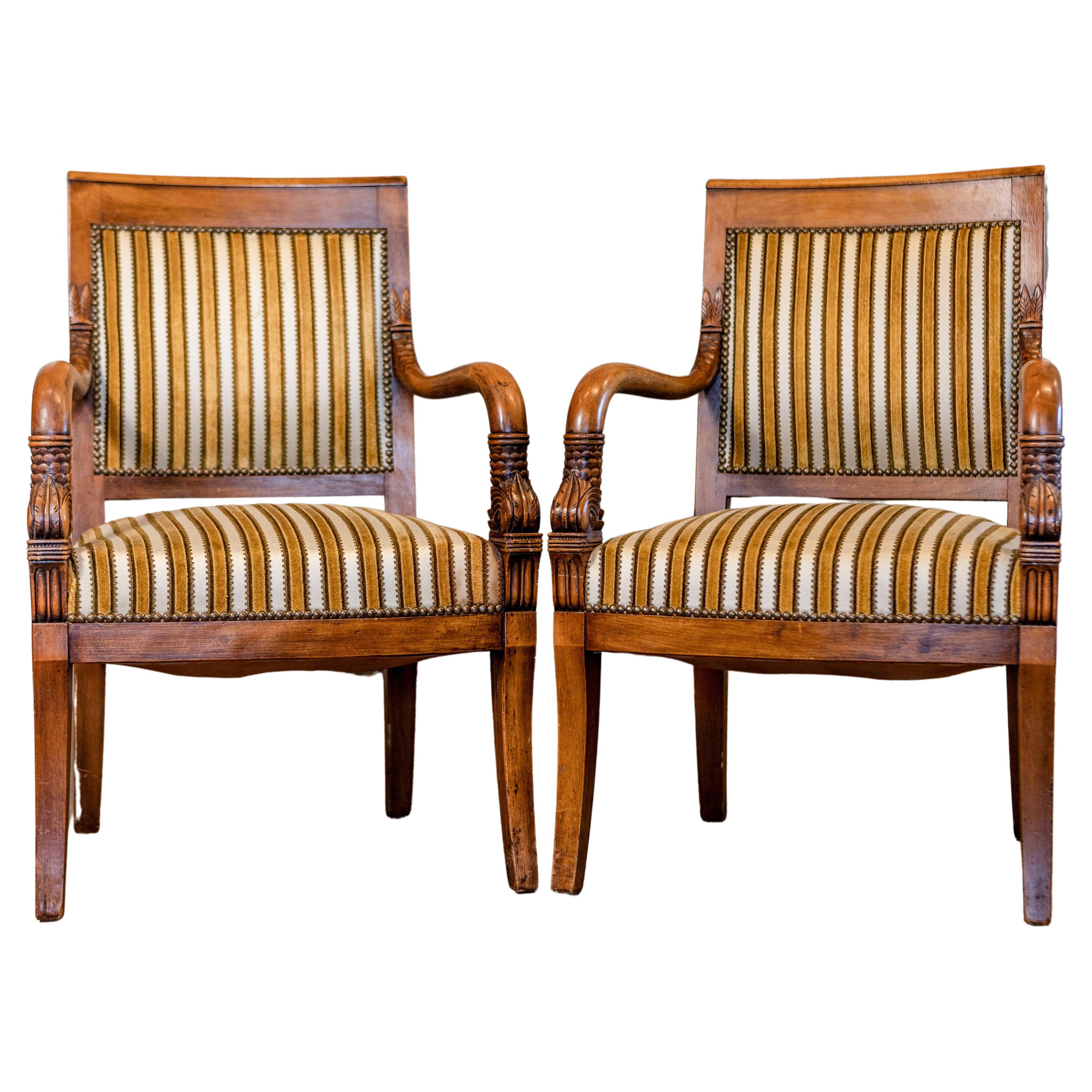Paar französische Sessel im Empire-Stil mit blattgeschnitzten Armlehnen und Säbelbeinen