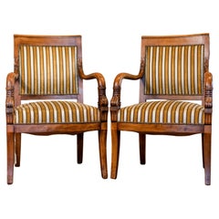 Vintage Pair of Empire Style French Armchairs with Foliage Carved Arms and Saber Legs