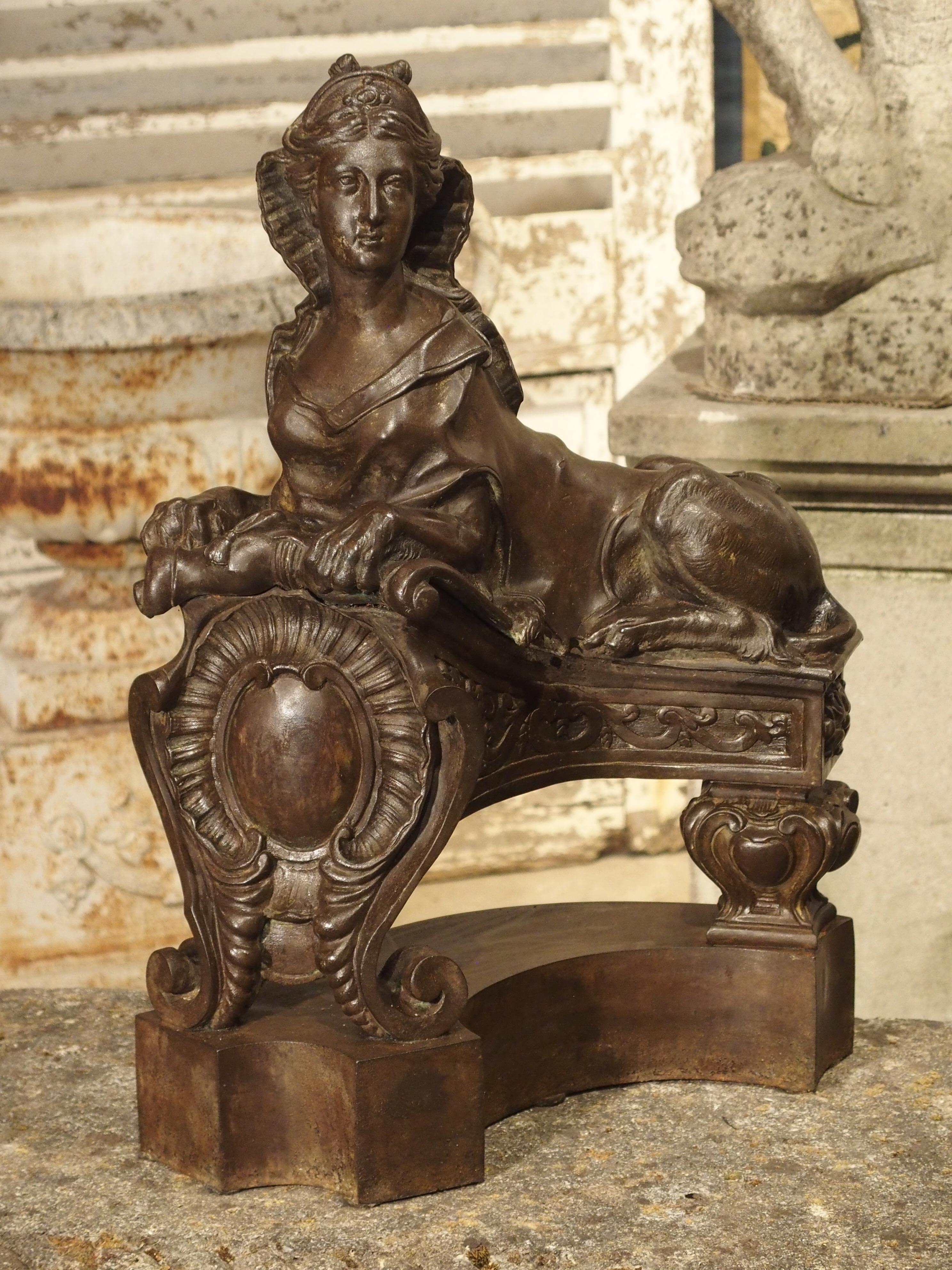 Pair of Late 19th Century French Sphinx Chenets in Cast Iron In Good Condition In Dallas, TX