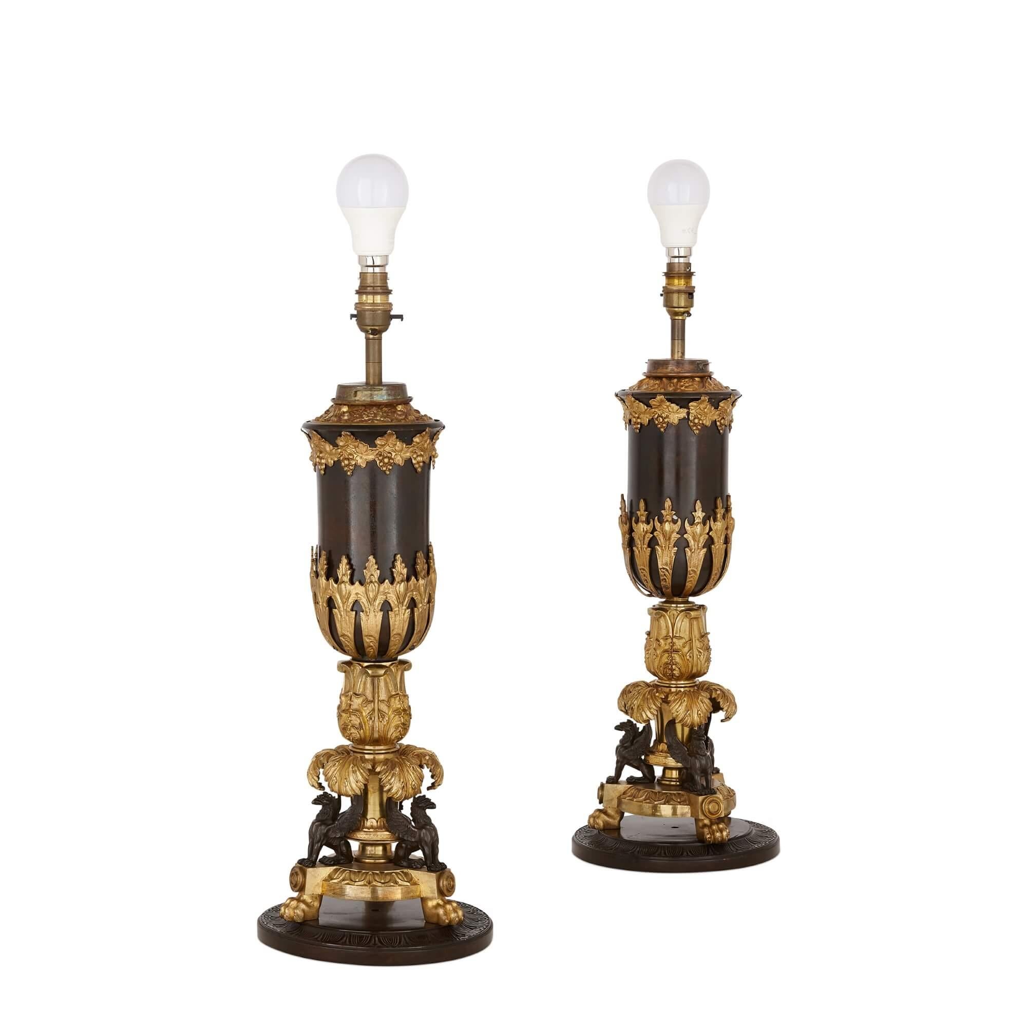 English Pair of Empire Style Gilt and Patinated Bronze Lamps For Sale