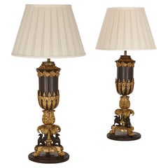 Pair of Empire Style Gilt and Patinated Bronze Lamps