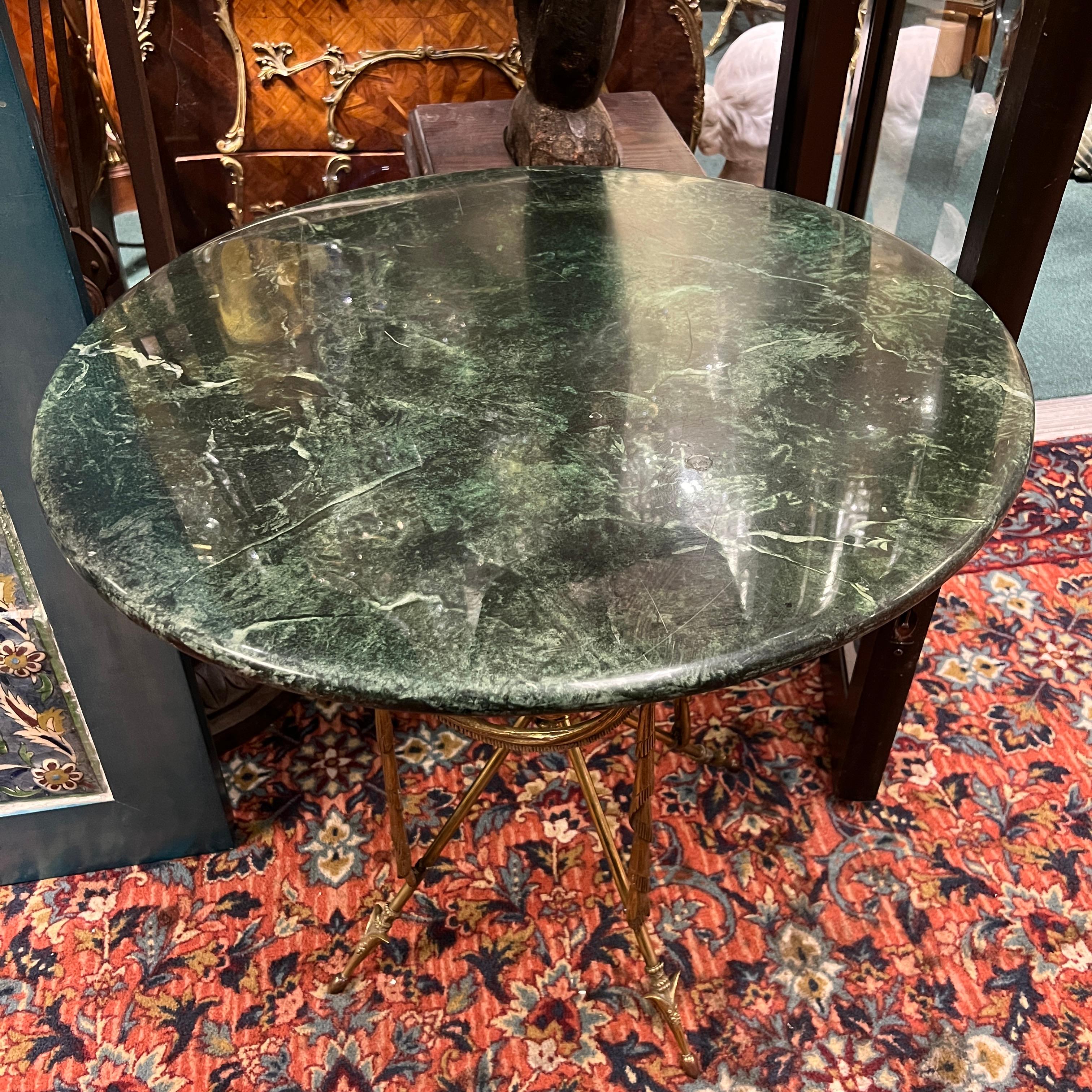French Pair of Empire Style Gilt Bronze and Faux Green Marble Gueridon Tables For Sale